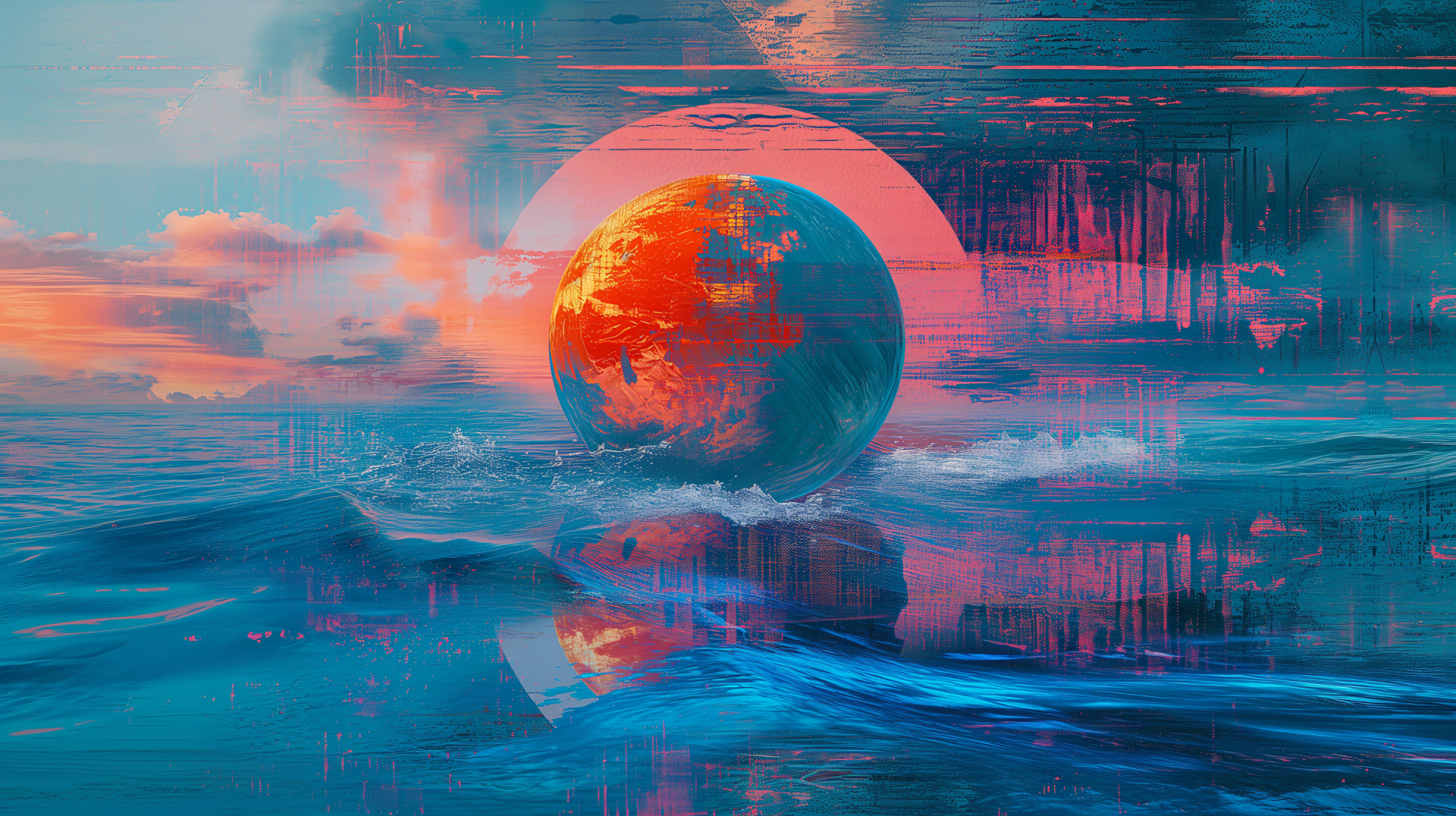 HD wallpaper featuring an artistic depiction of a large red planet rising over a tranquil sea with a vibrant, abstract background in shades of blue and orange.