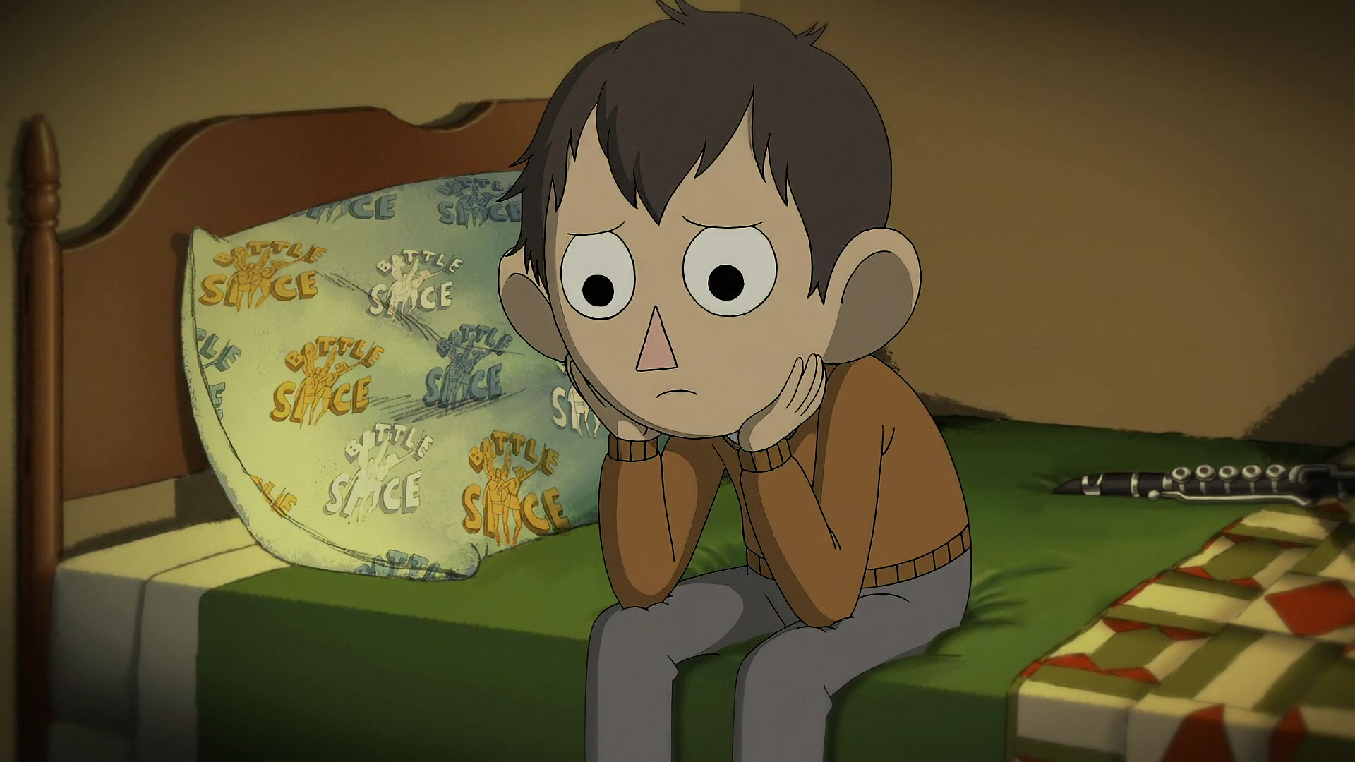 HD desktop wallpaper featuring a contemplative character from the animated TV show Over the Garden Wall, with a map in the background.
