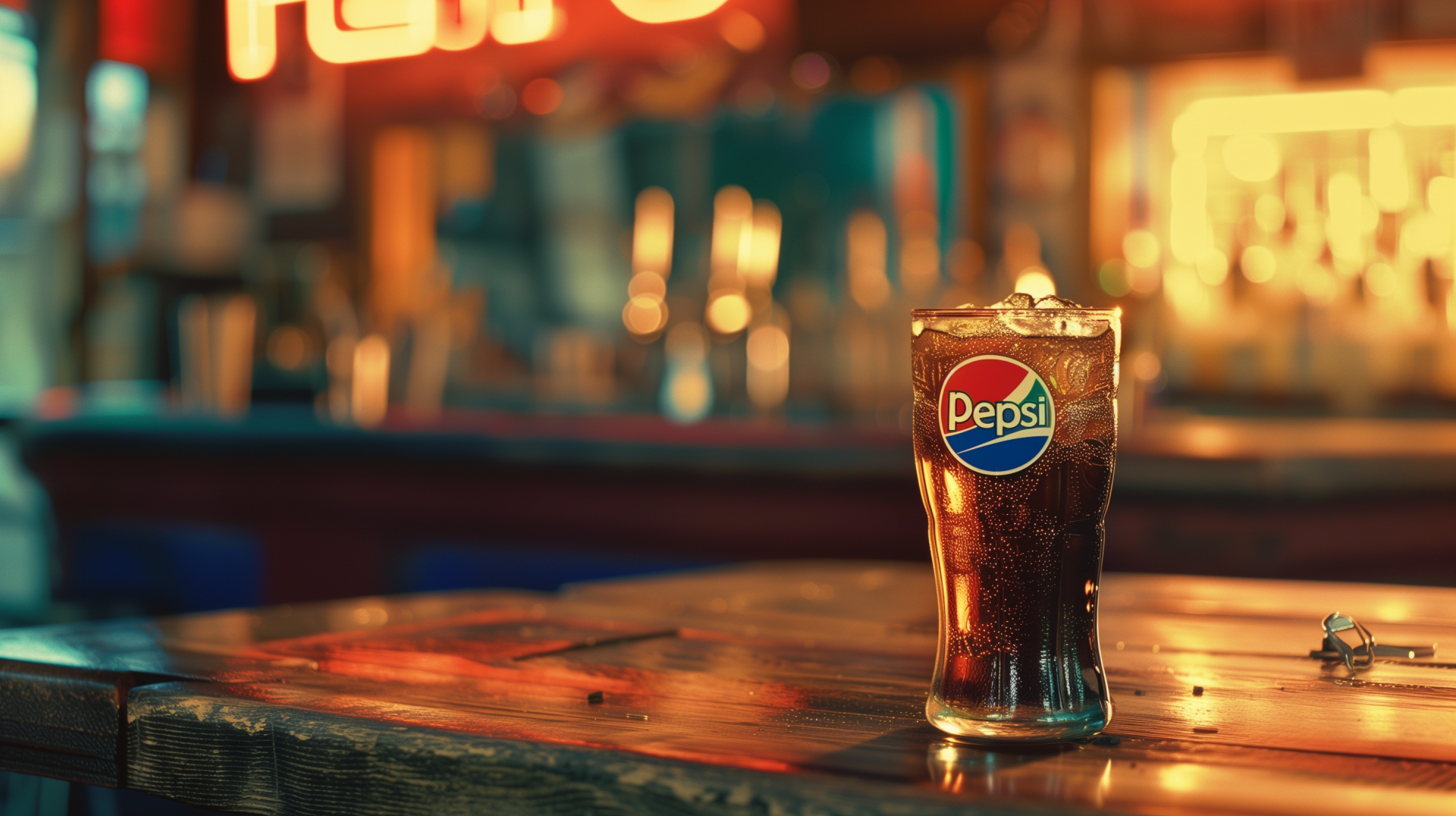 HD desktop wallpaper featuring a refreshing glass of Pepsi on a wooden bar surface with a warm, bokeh background.