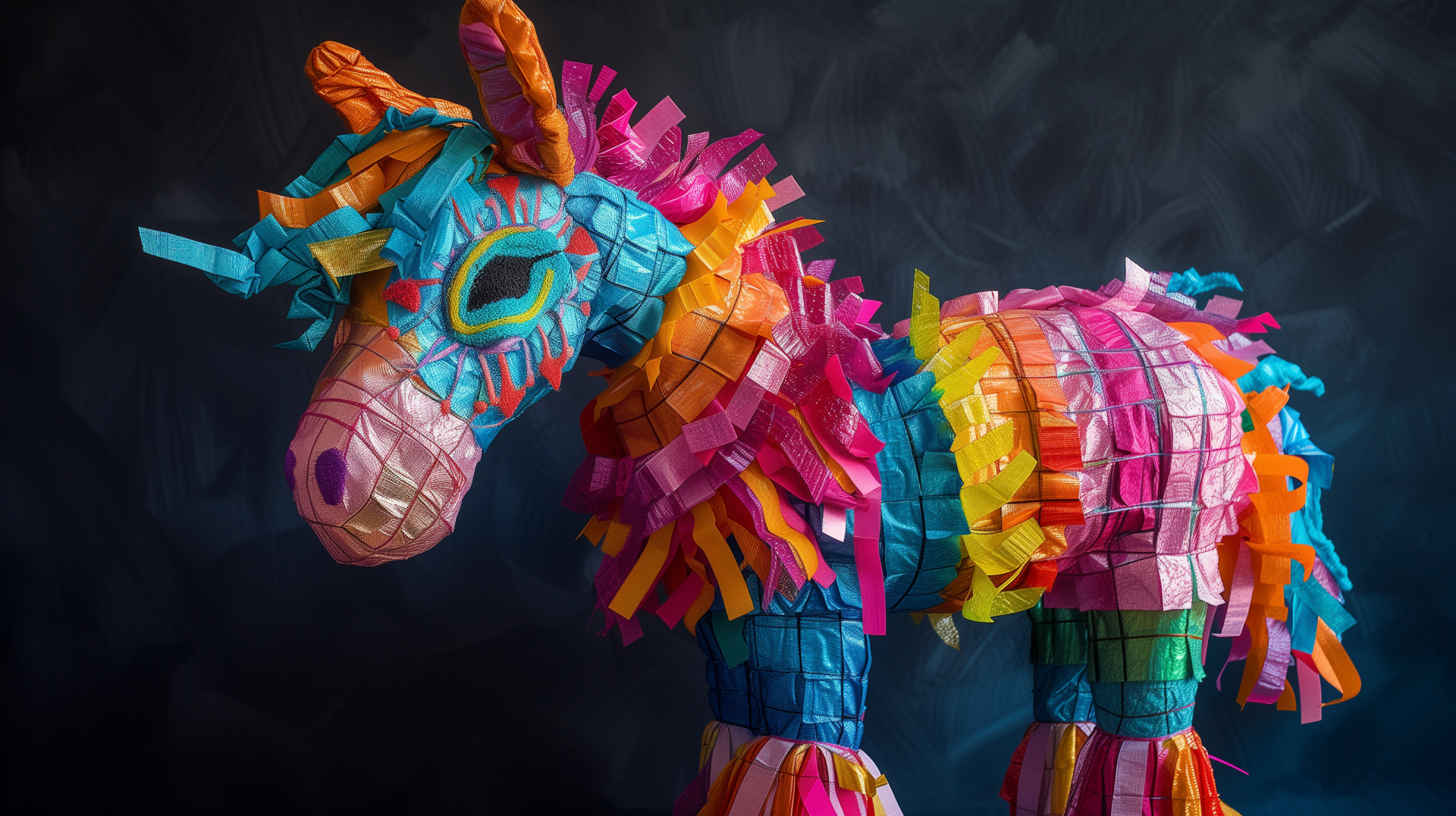 A vibrant piñata in the shape of a unicorn, adorned with colorful paper fringes, set against a dark background. This HD image serves as an eye-catching desktop wallpaper.