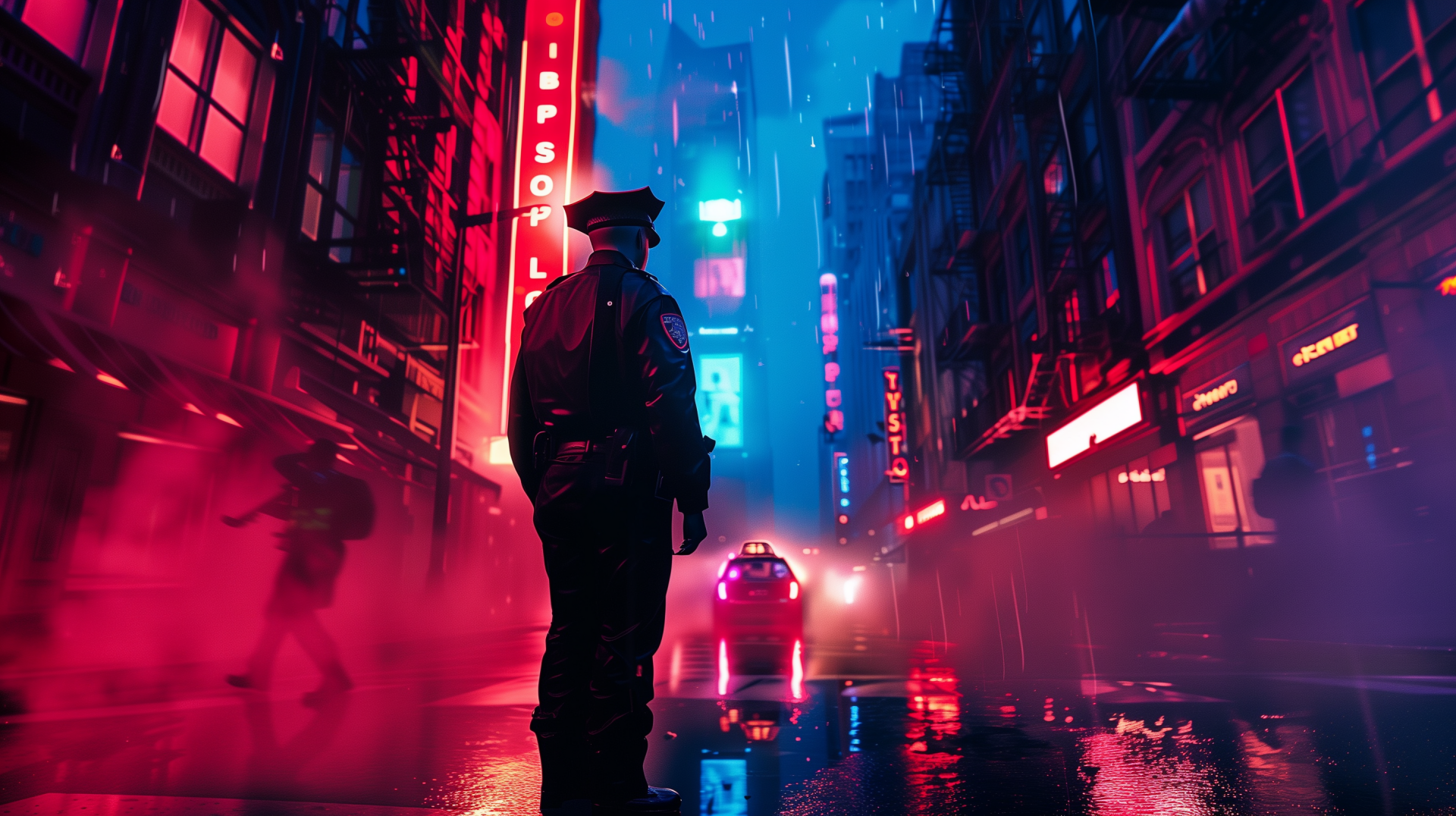 HD desktop wallpaper featuring a police officer silhouetted against a vibrant, neon-lit city street scene at night, reflecting a cinematic ambiance.