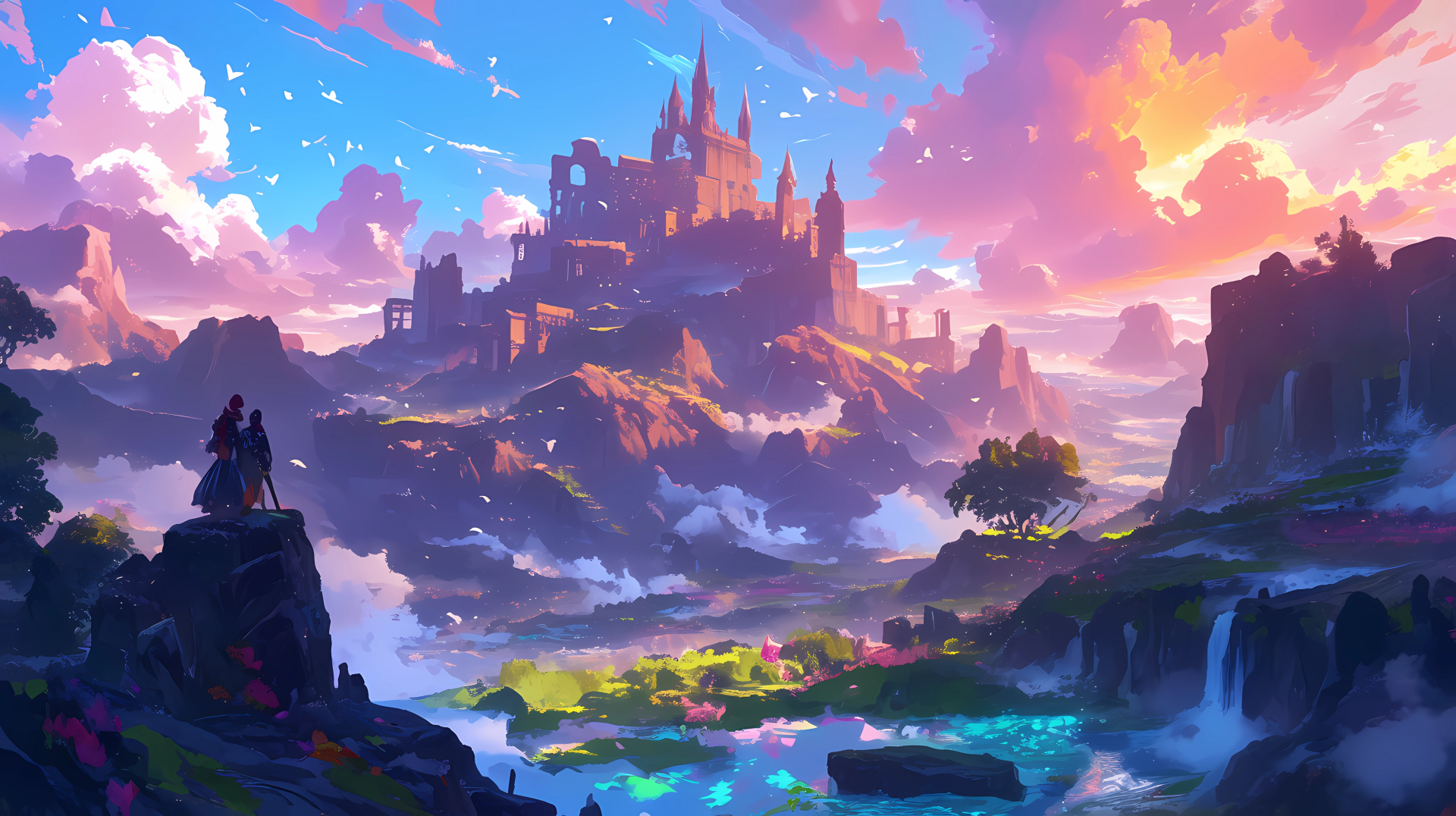 HD desktop wallpaper featuring an anime-style fantasy landscape with an ethereal castle amid vibrant clouds, with a silhouette of a character observing the scenery.