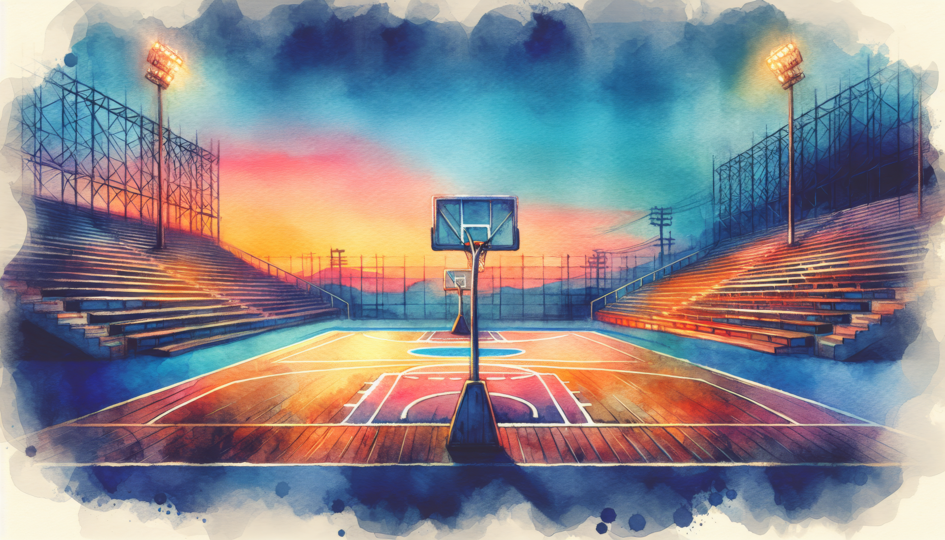 HD desktop wallpaper of an artistic basketball court background with vibrant sunset colors and stadium lights.