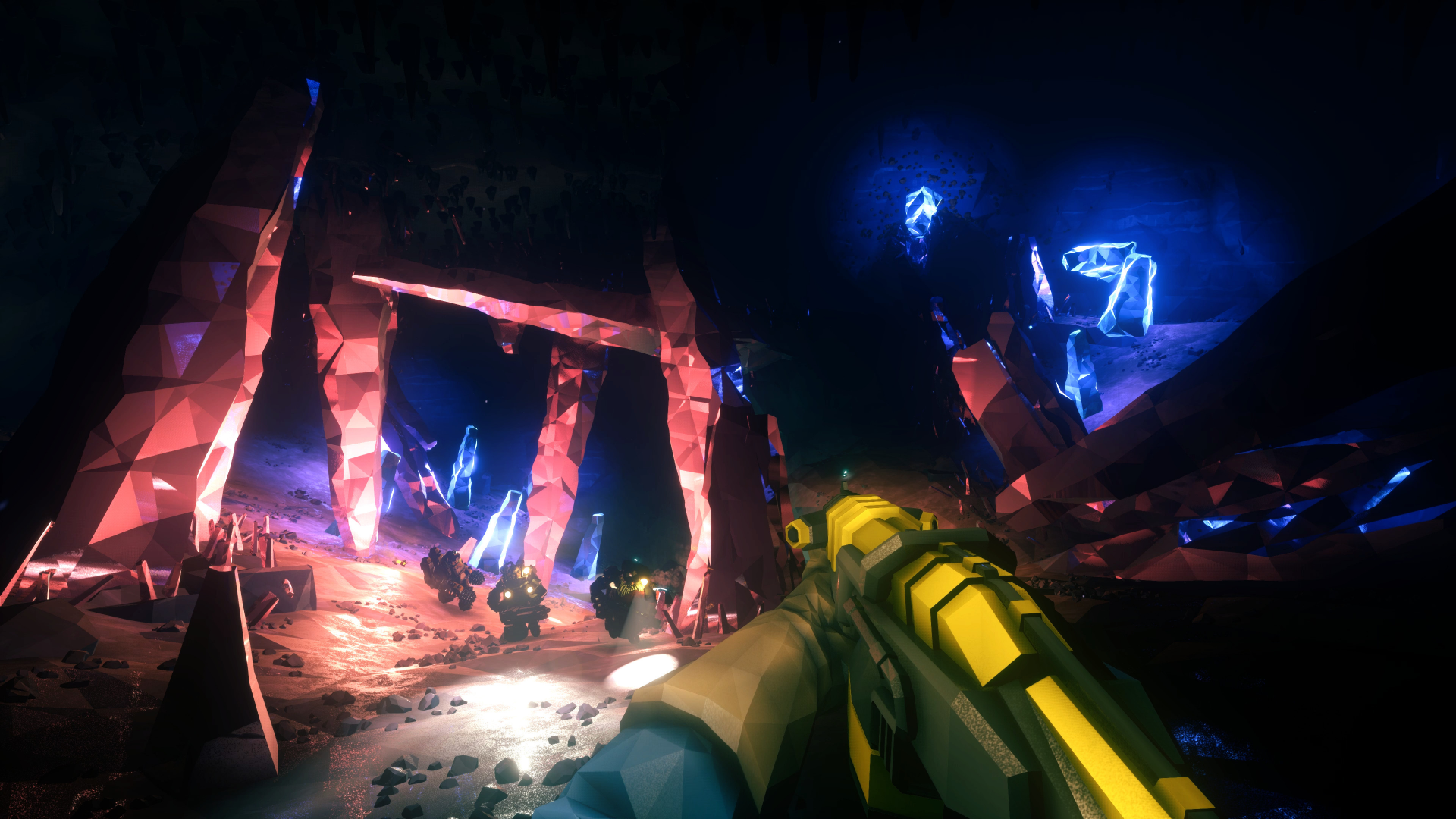 HD wallpaper of Deep Rock Galactic: Survivor gameplay featuring a first-person view holding a gun in a luminous crystal cavern.