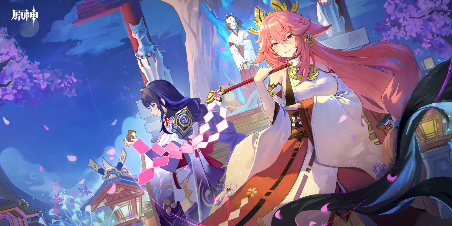 8K Ultra HD desktop wallpaper featuring Baal Raiden Shogun, Yae Miko Guuji, and Kazari from Genshin Impact in a vibrant, dynamic scene.