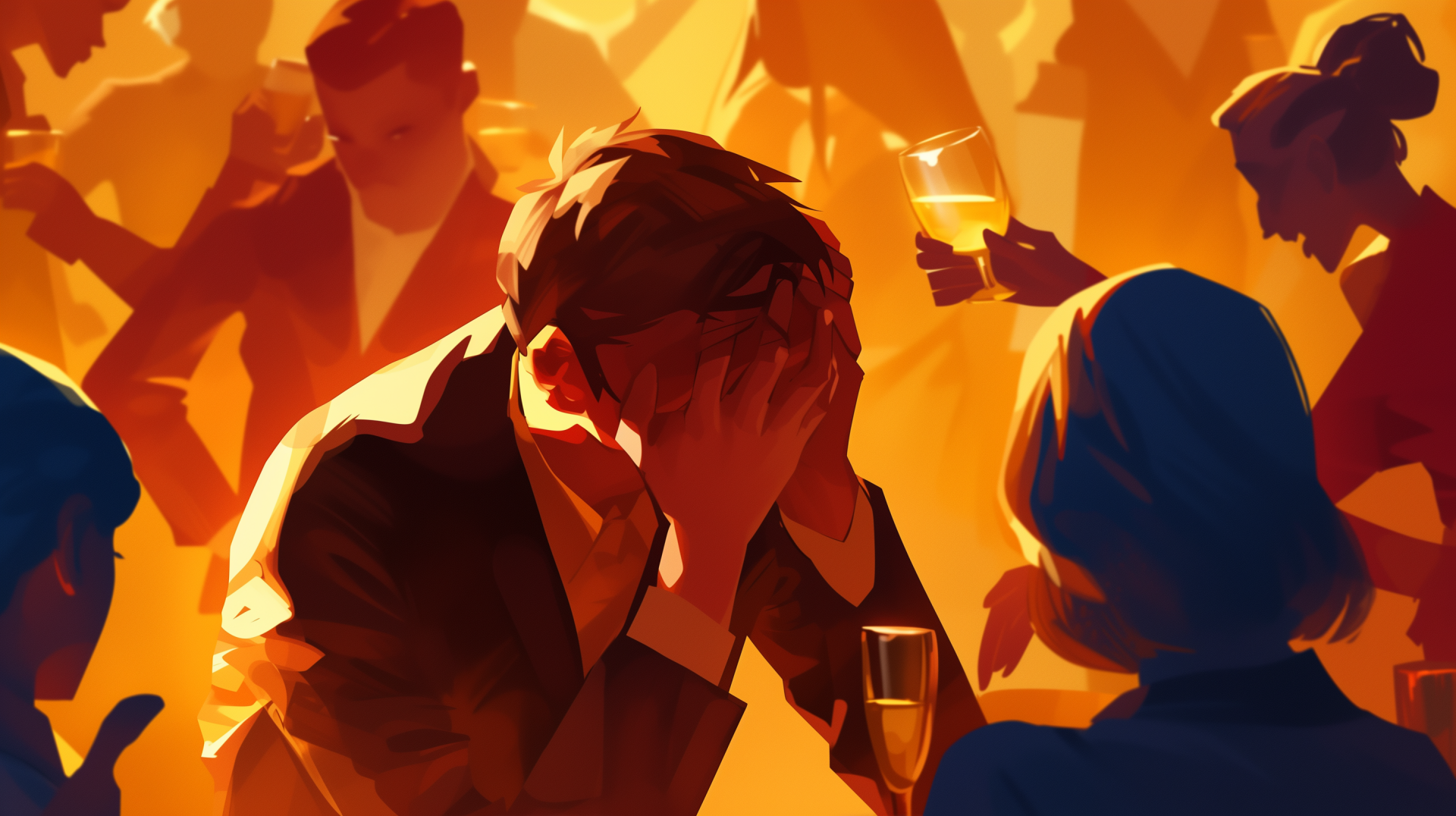 HD wallpaper of a poignant illustration depicting a person feeling sad or depressed amidst a crowd, symbolizing loneliness or social anxiety.