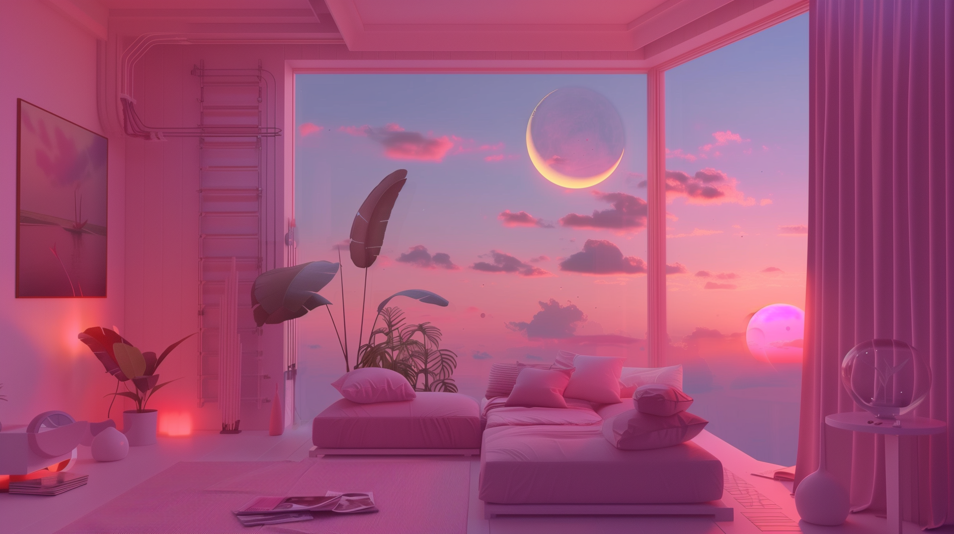 Pink aesthetic HD desktop wallpaper featuring a stylish room with a sunset view