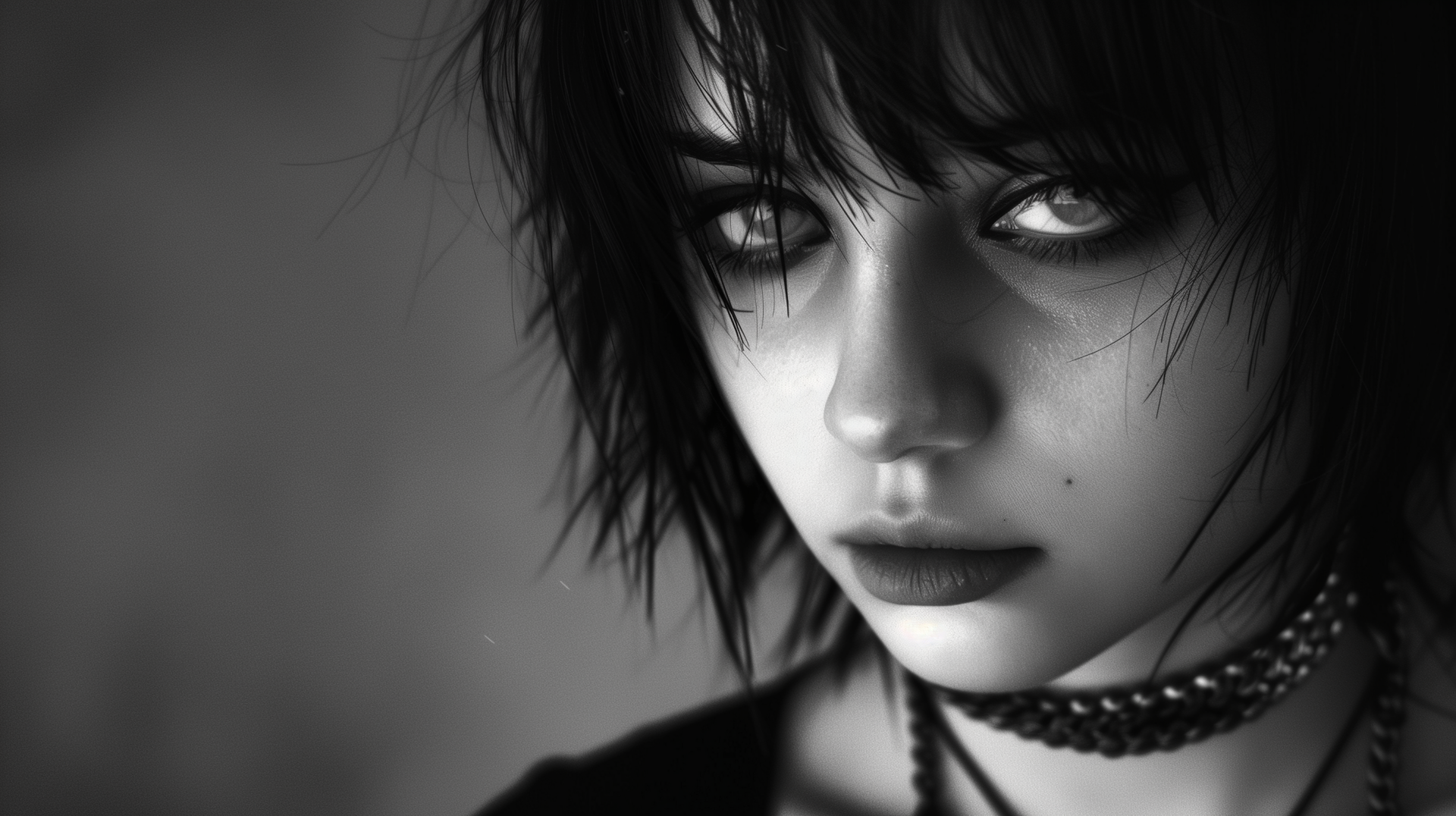A close-up of a dark, emo girl with striking features and intense eyes, captured in high definition. This image serves as a bold desktop wallpaper and background.