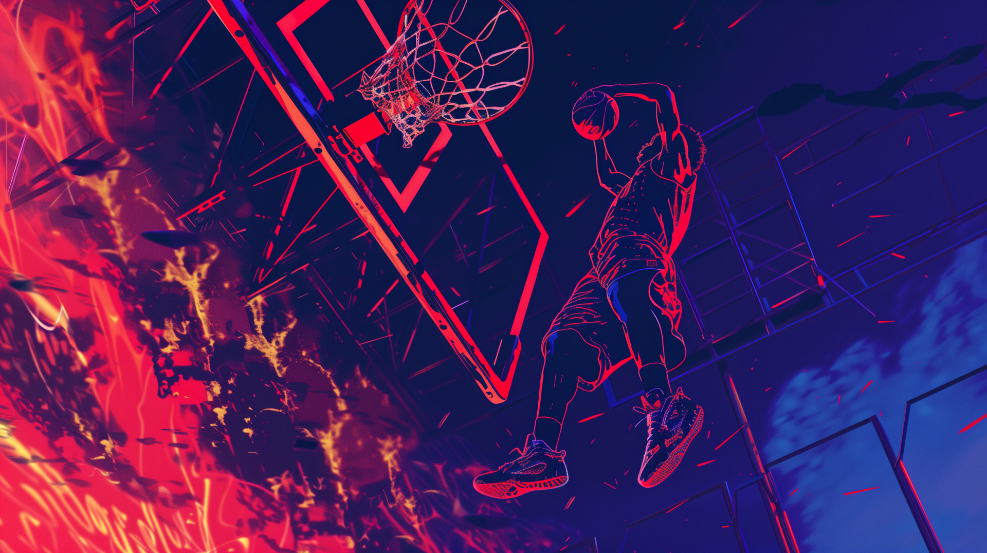 High-definition desktop wallpaper featuring an artistic rendition of a basketball player performing a slam dunk with neon outlines and a dynamic, abstract background.