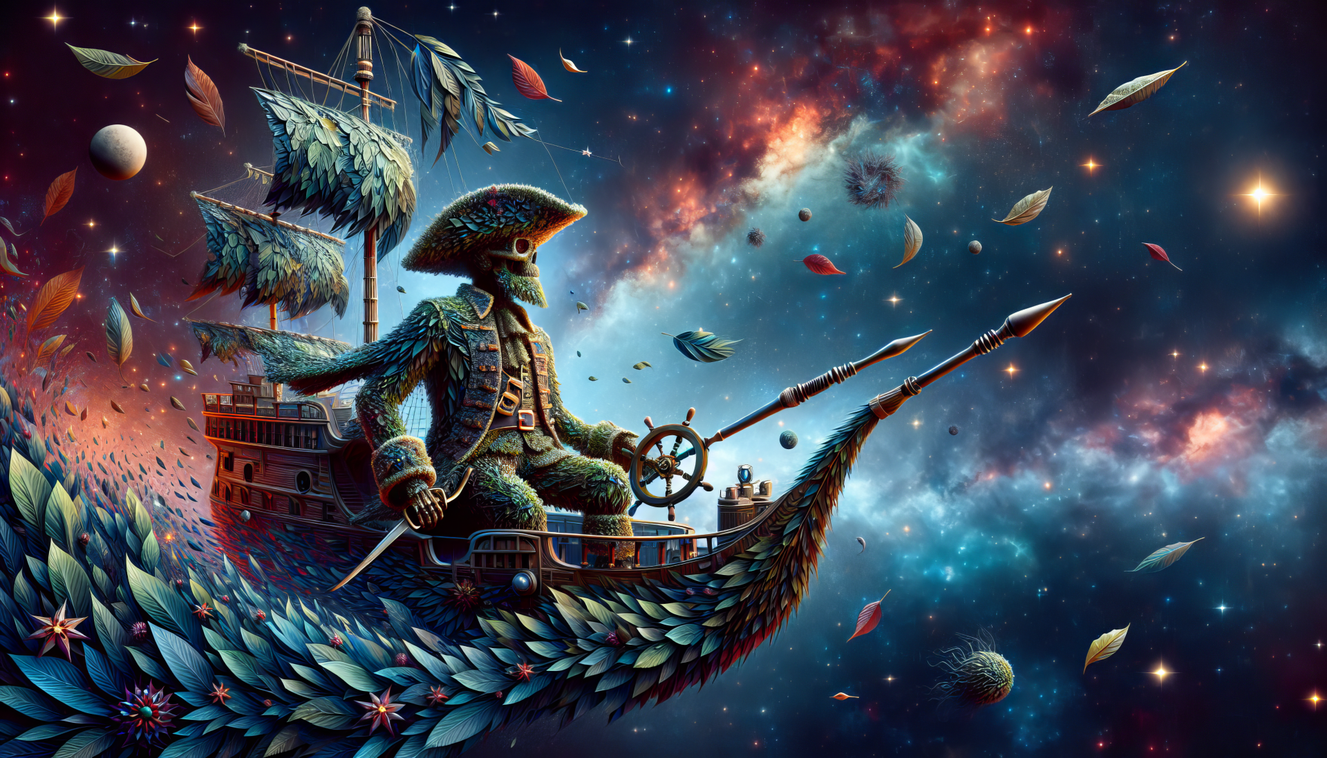 A vibrant HD wallpaper featuring a space pirate at the helm of a ship crafted from leaves, navigating through a colorful galaxy filled with stars and floating debris.