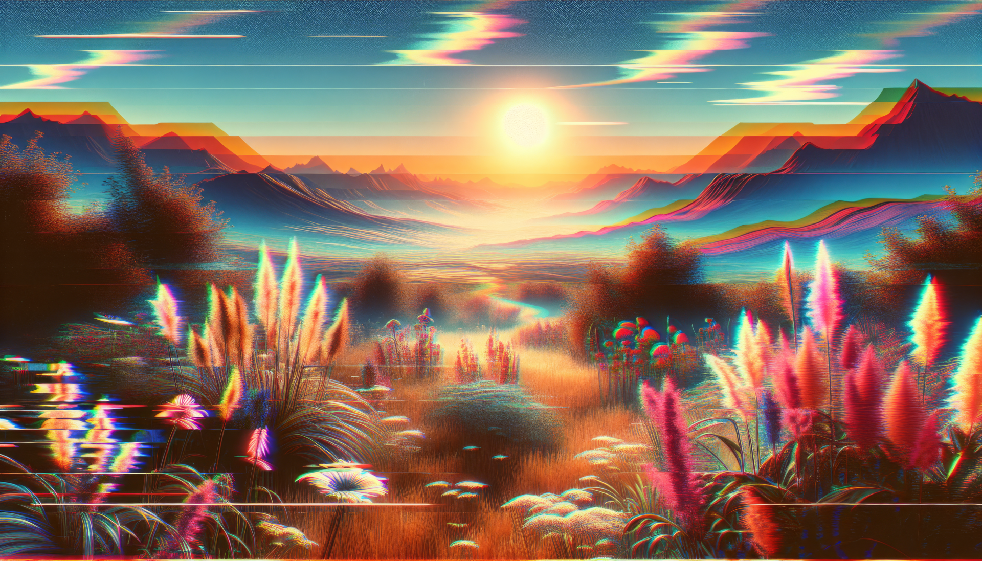 HD desktop wallpaper featuring a vibrant, stylized landscape with mountains, sun, and colorful flora.