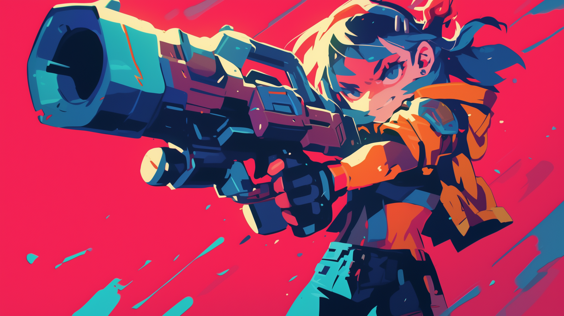 HD desktop wallpaper featuring an animated space pirate character holding a large futuristic blaster with a vibrant red and blue background.