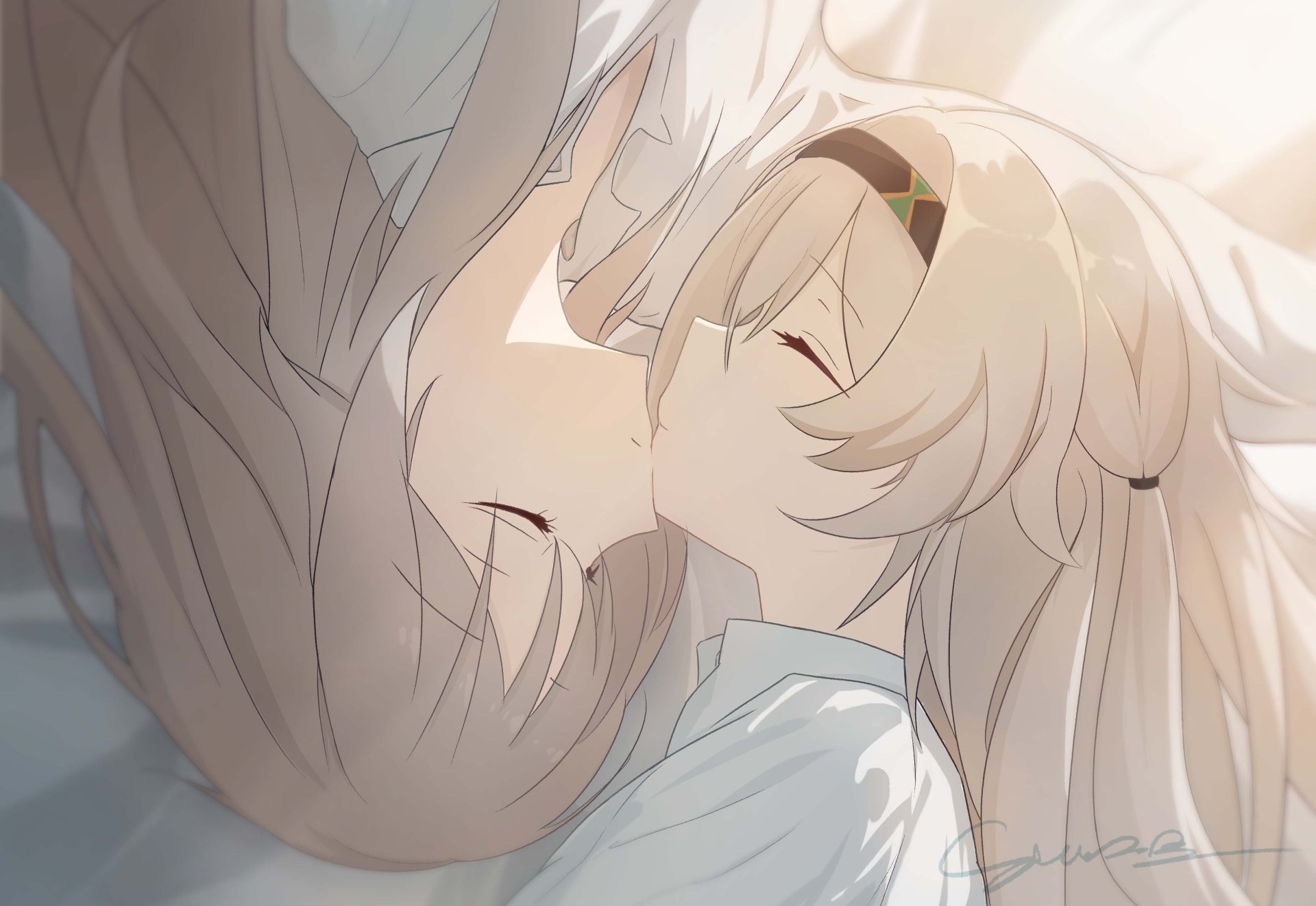 4K Ultra HD wallpaper featuring Firefly and Stelle from Honkai: Star Rail in a tender, close moment, highlighting soft lighting and detailed character art.