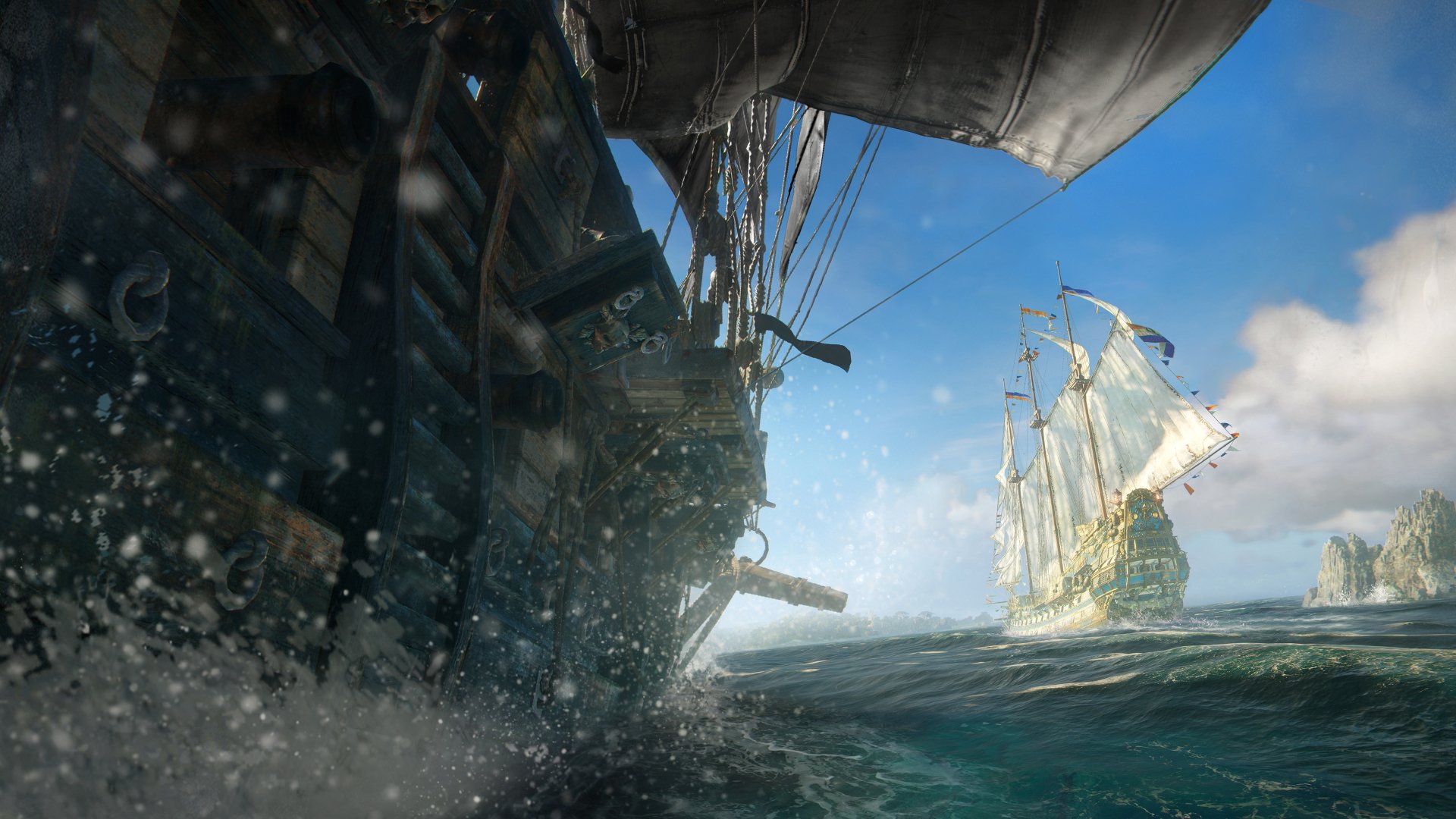 HD wallpaper of Skull and Bones video game featuring dynamic pirate ship battle at sea.