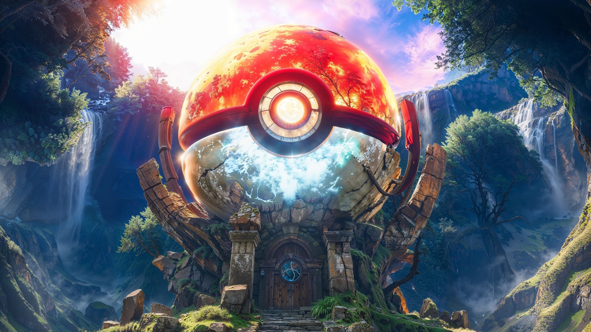 A vibrant HD desktop wallpaper featuring a fantasy landscape with a large, glowing Pokéball surrounded by lush greenery and a serene waterfall, capturing the essence of anime and Pokémon.