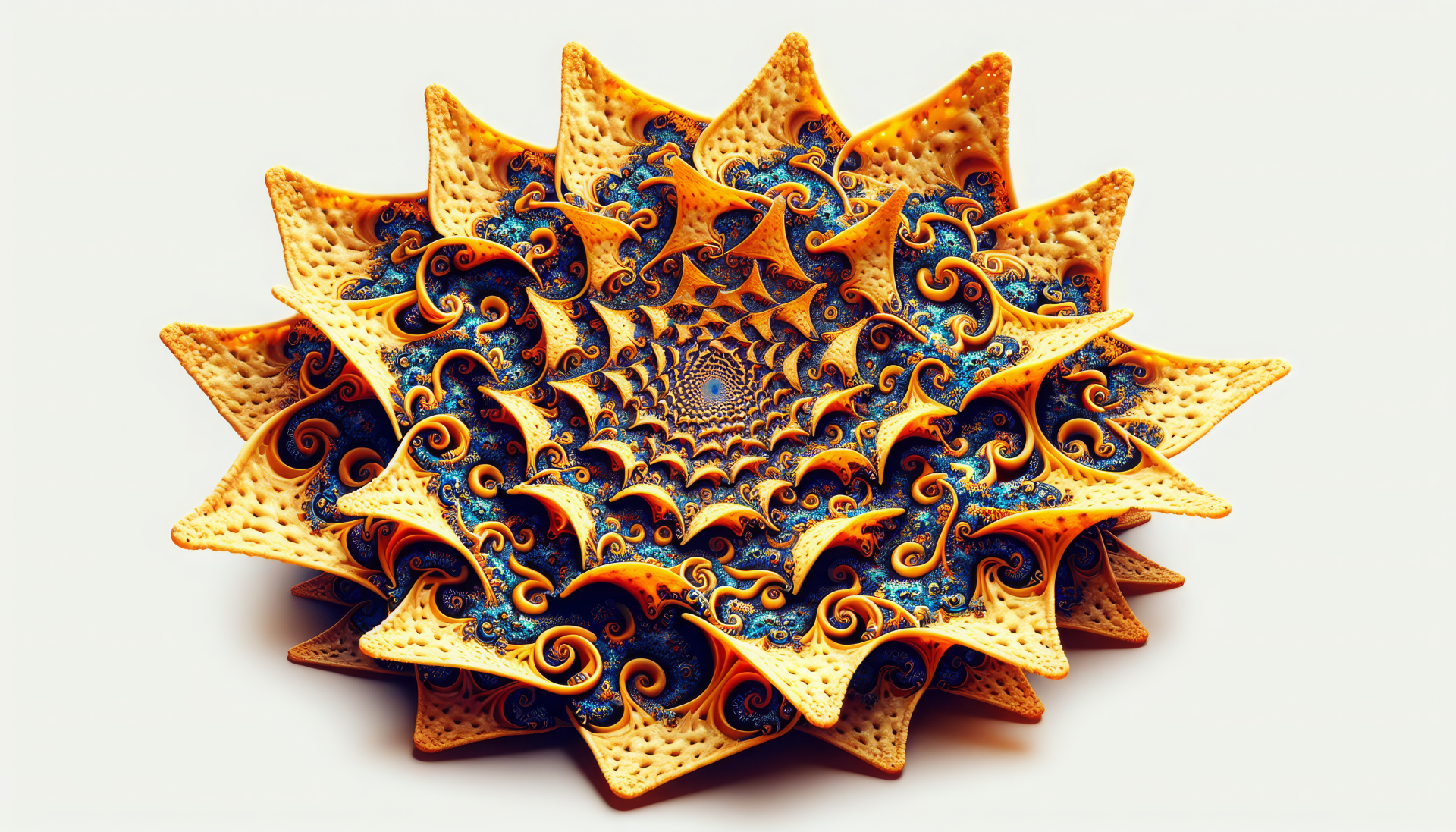 HD desktop wallpaper featuring an intricate, fractal art piece resembling nachos with a mesmerizing mandala design on a white background.