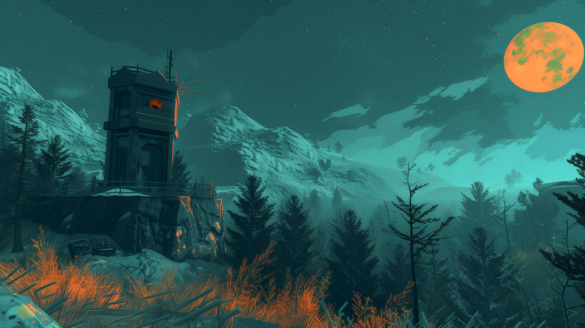 Artistic HD wallpaper of a forest at night with a full moon and a tower set against mountains.