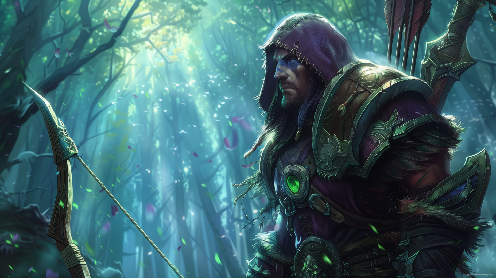 World of Warcraft hunter character with bow in a mystical forest HD desktop wallpaper.