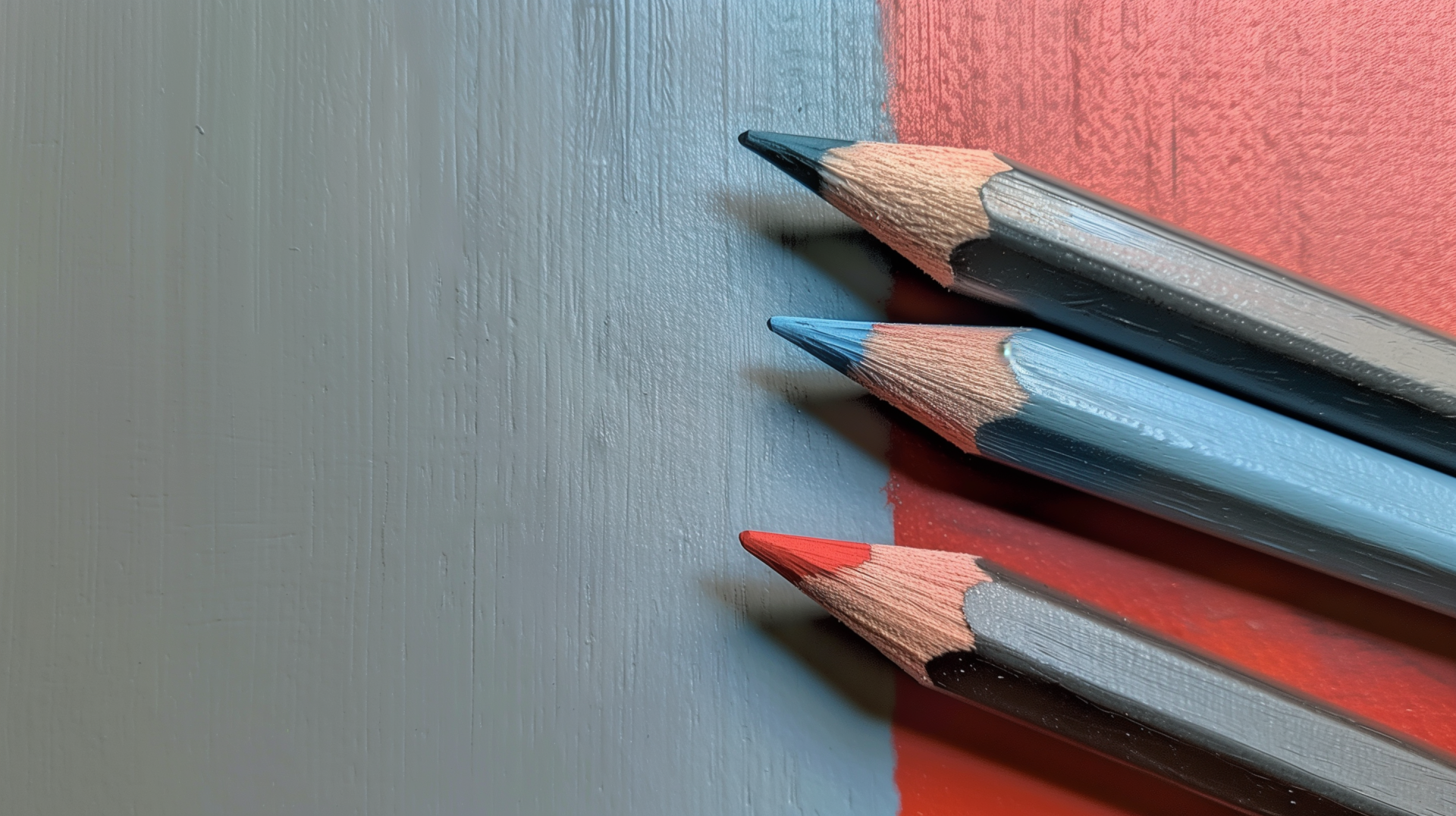 High-definition desktop wallpaper featuring a close-up of sharpened colored pencils on a textured red and grey background.