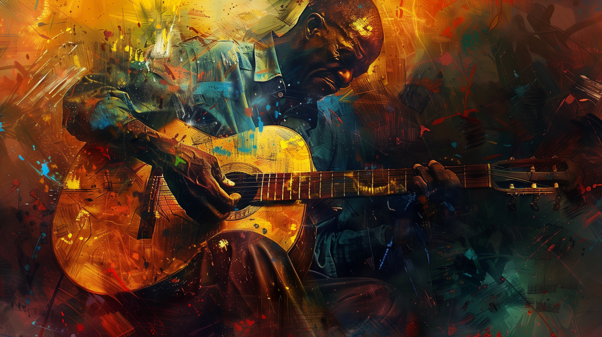 A vibrant HD wallpaper featuring a blues musician passionately playing an acoustic guitar, surrounded by a burst of color and artistic expression.