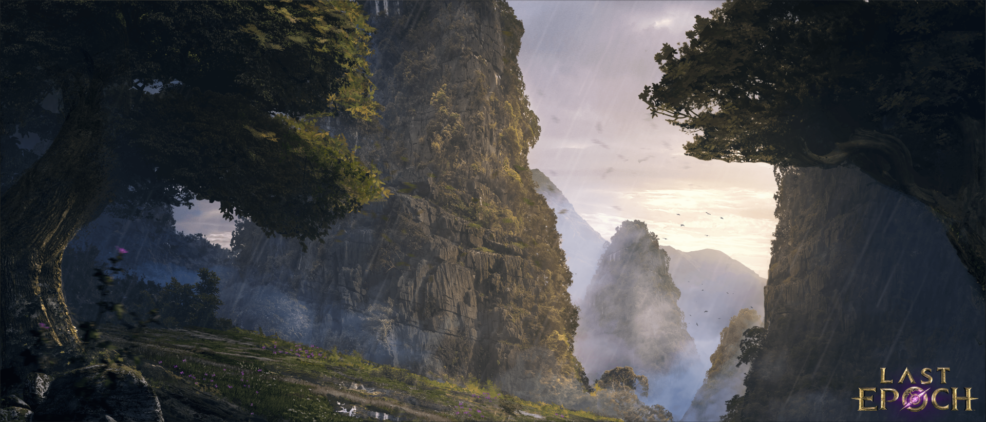 An HD wallpaper from the video game Last Epoch, featuring a mystical landscape with towering cliffs, lush greenery, and a serene atmosphere bathed in soft, ambient light.