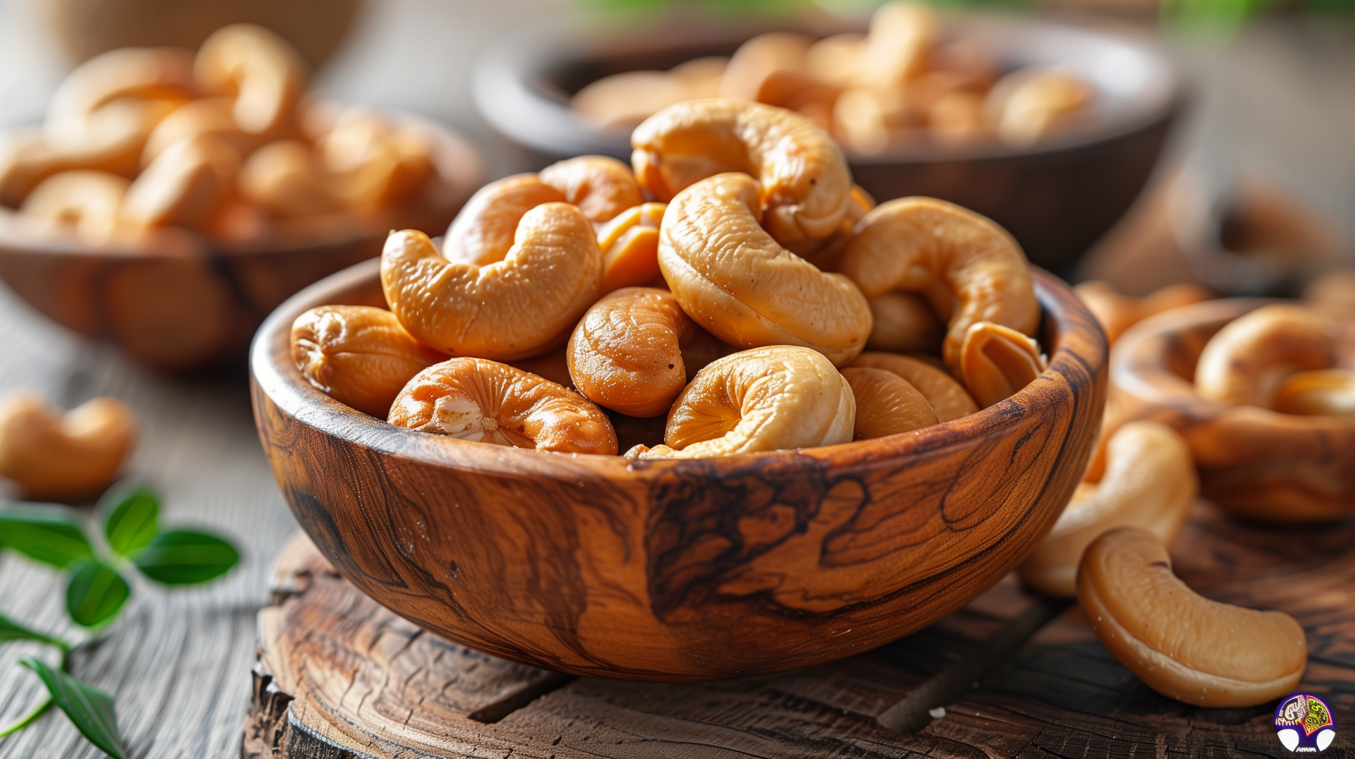A close-up of cashews in a wooden bowl, surrounded by fresh greenery. This rich, detailed image serves as a vibrant HD desktop wallpaper and background.