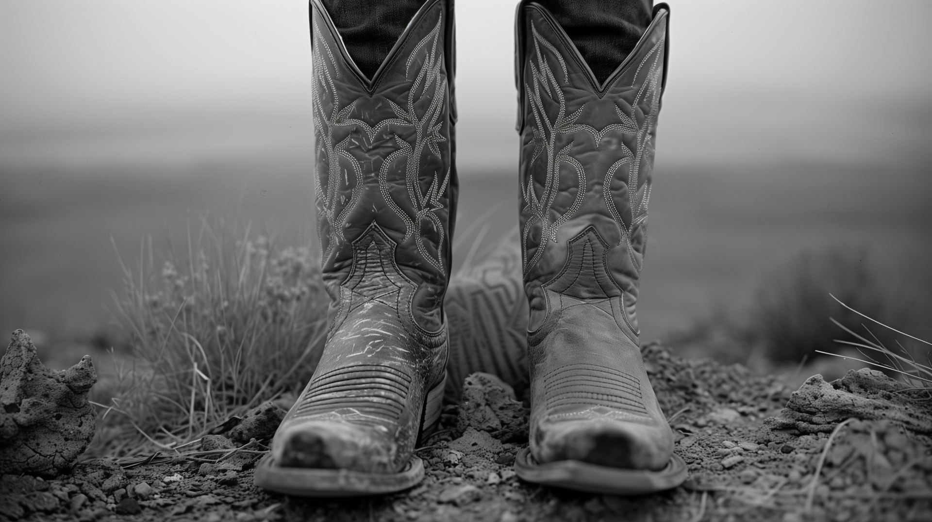 Close-up black and white image of intricately designed cowboy boots for HD desktop wallpaper background.