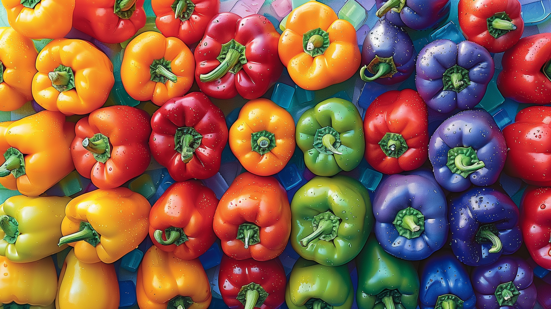 HD wallpaper featuring a colorful array of red, yellow, green, and blue bell peppers for a vibrant desktop background.