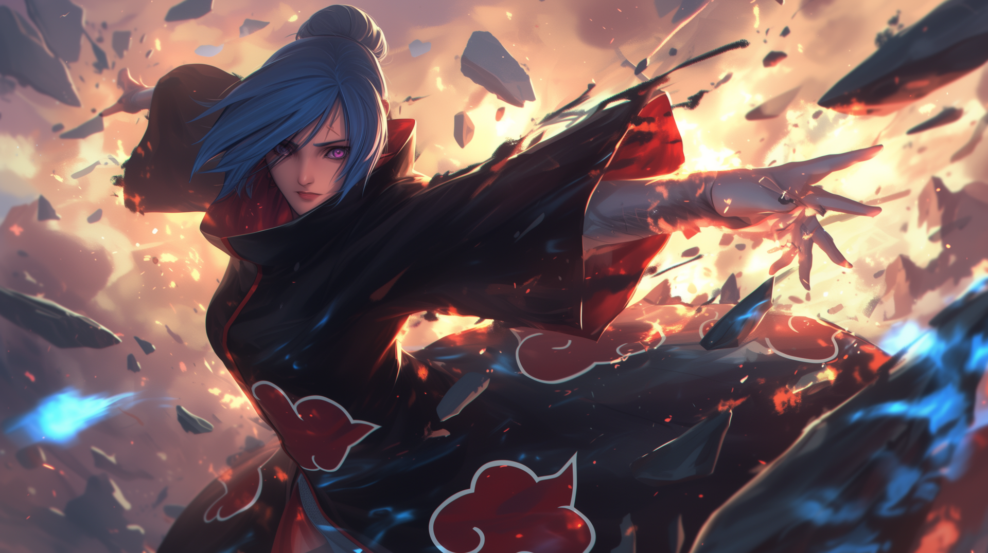 HD desktop wallpaper featuring artistic fan art of Konan from Naruto with dynamic paper effect and vivid colors.