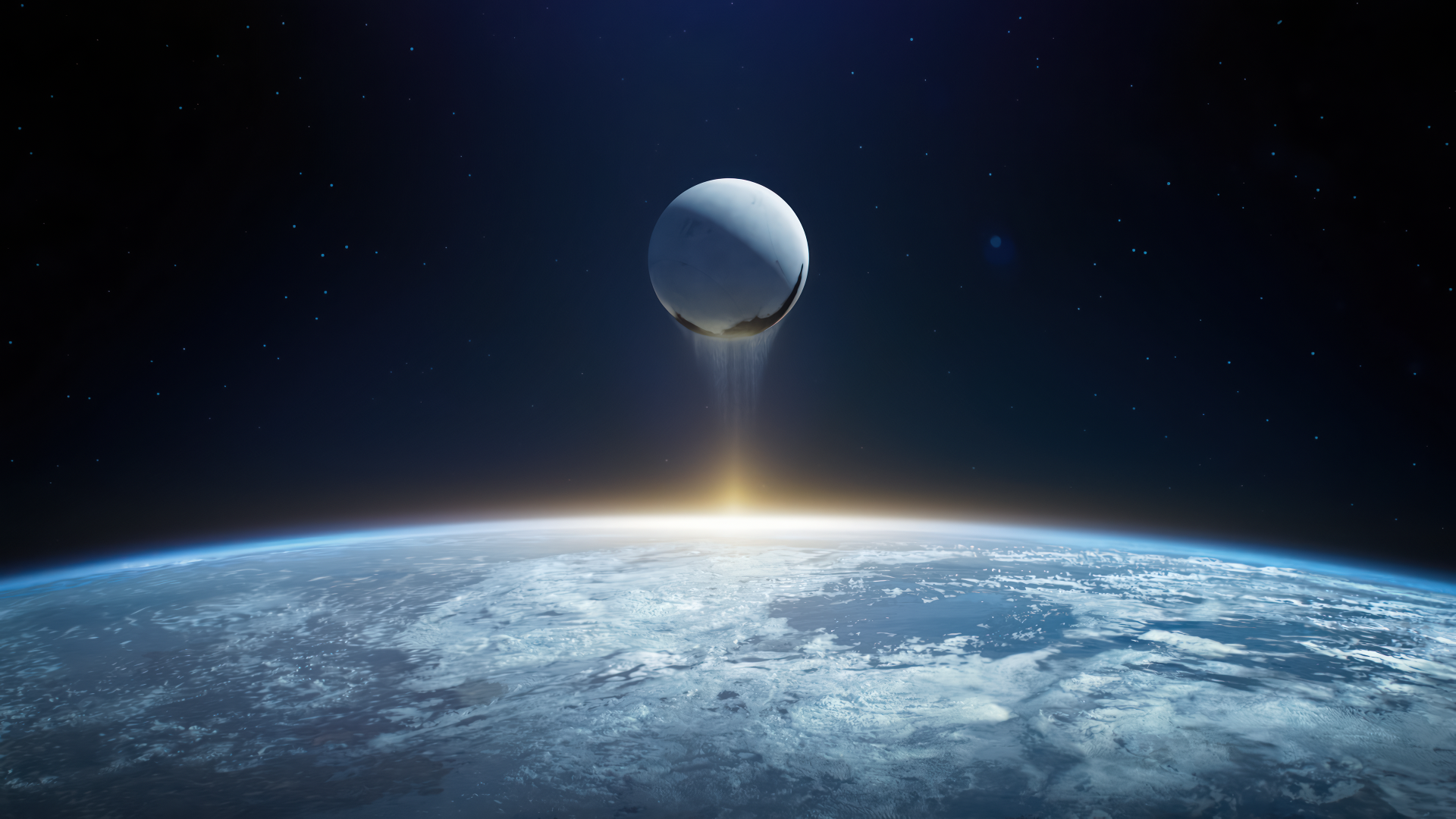 4K Ultra HD PC desktop wallpaper featuring a glowing moon-like sphere hovering above Earth’s atmosphere against a starry space background.