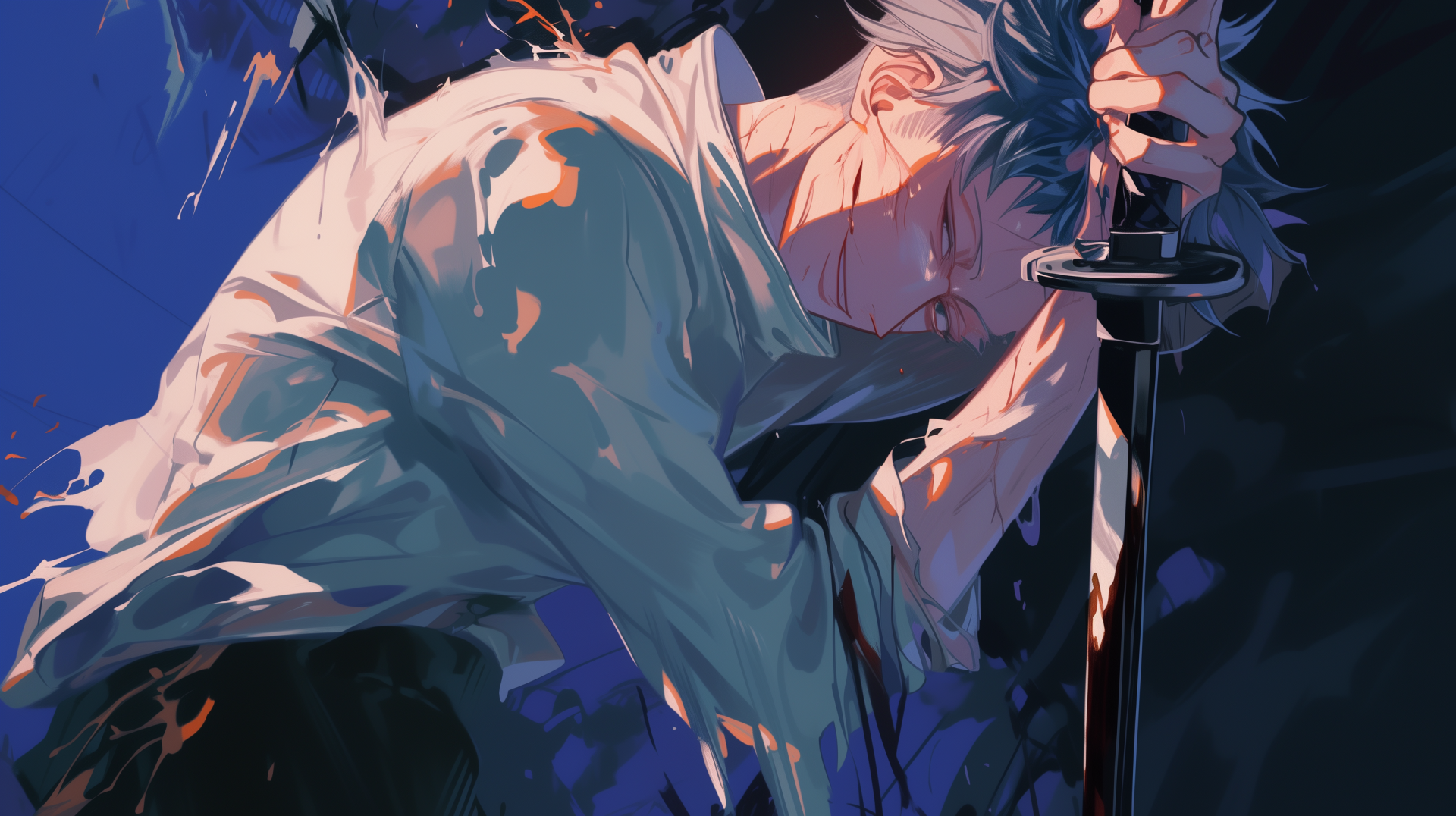 HD anime wallpaper featuring Yuta Okkotsu from Jujutsu Kaisen, poised for battle with his sword, against a dynamic blue background.