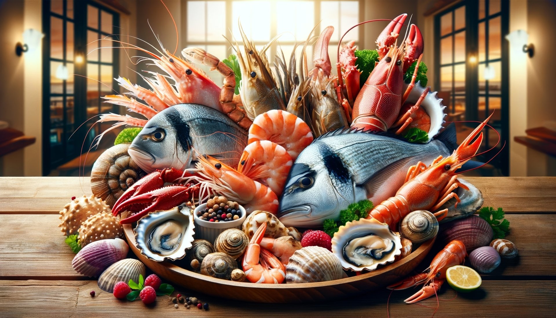 HD desktop wallpaper featuring a vibrant display of assorted seafood, including lobster, fish, and shellfish, on a wooden table.