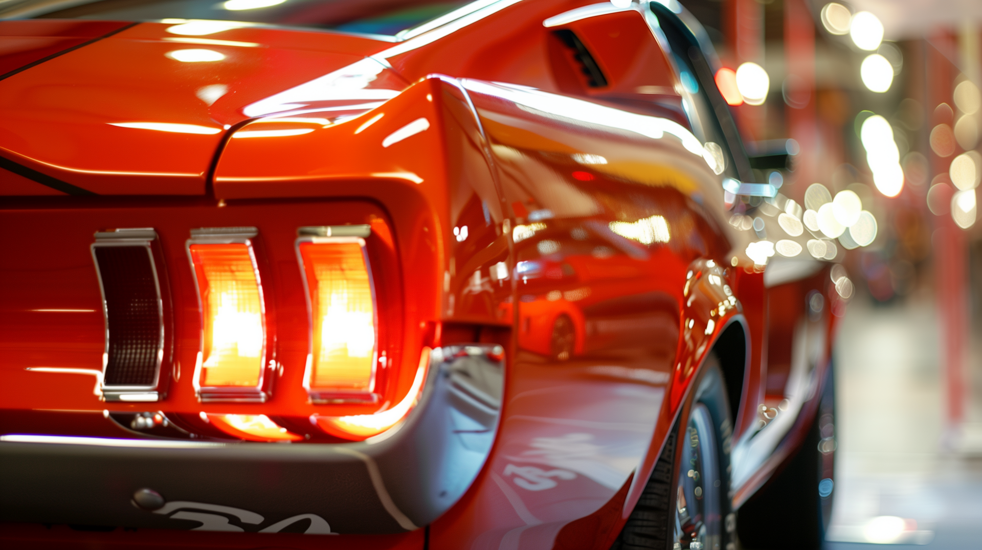 A stunning Ford Mustang in vibrant orange, showcasing its iconic rear lights, captured in high definition for an eye-catching desktop wallpaper or background.
