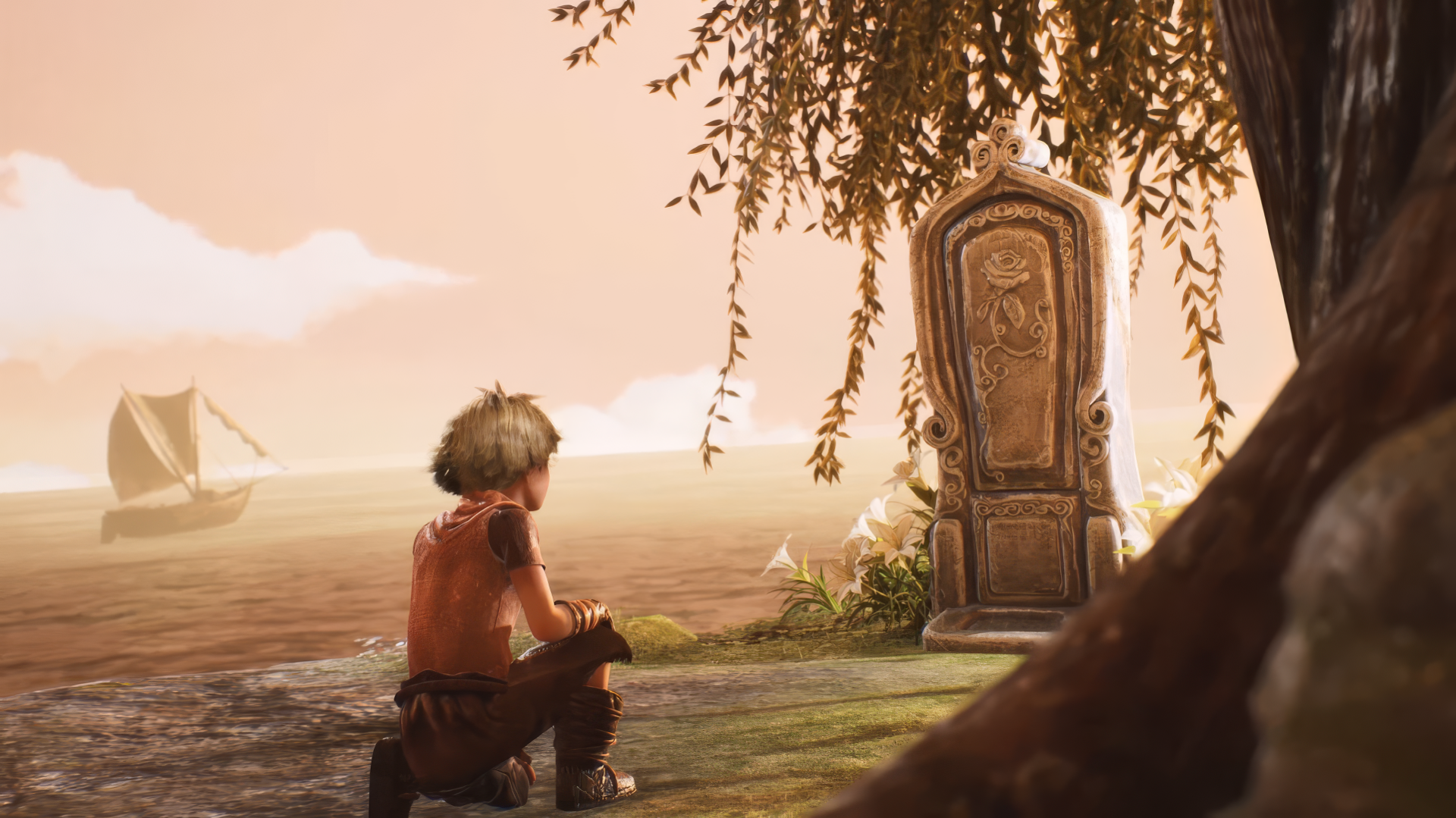 HD desktop wallpaper featuring a poignant scene from Brothers: A Tale of Two Sons Remake with a character by a grave under a tree.