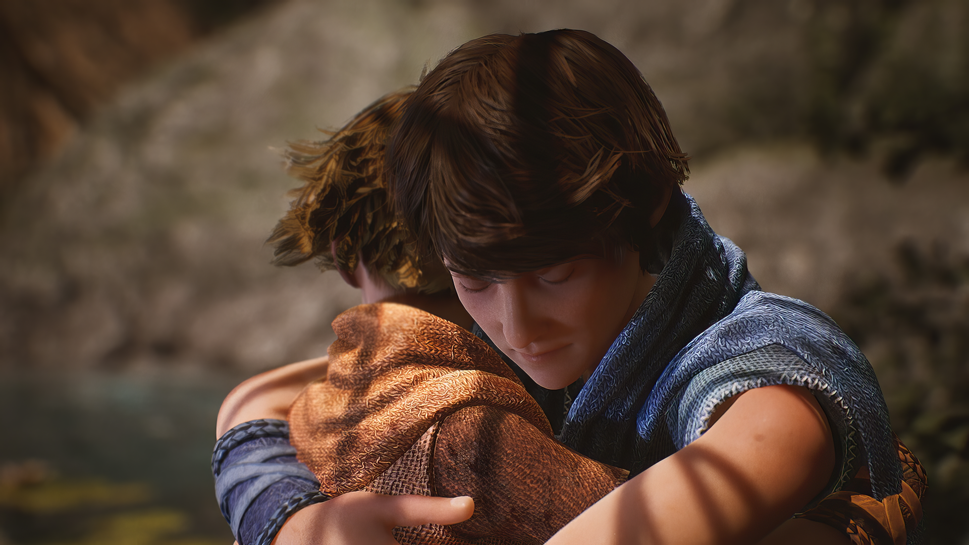 HD wallpaper featuring a heartfelt hug between two characters from the video game Brothers: A Tale of Two Sons Remake.