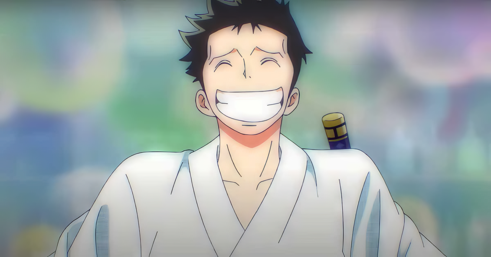 A vibrant HD wallpaper featuring Ryuma from One Piece, smiling cheerfully in a traditional outfit against a colorful background from the anime Monsters: 103 Mercies Dragon Damnation.