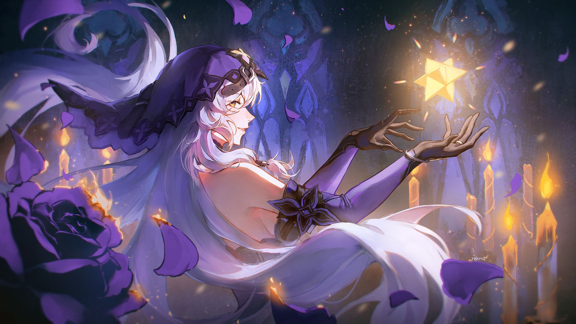 An HD wallpaper featuring Black Swan from Honkai: Star Rail, elegantly posed amidst purple roses and glowing candles, holding a shining star with a mystical aura.