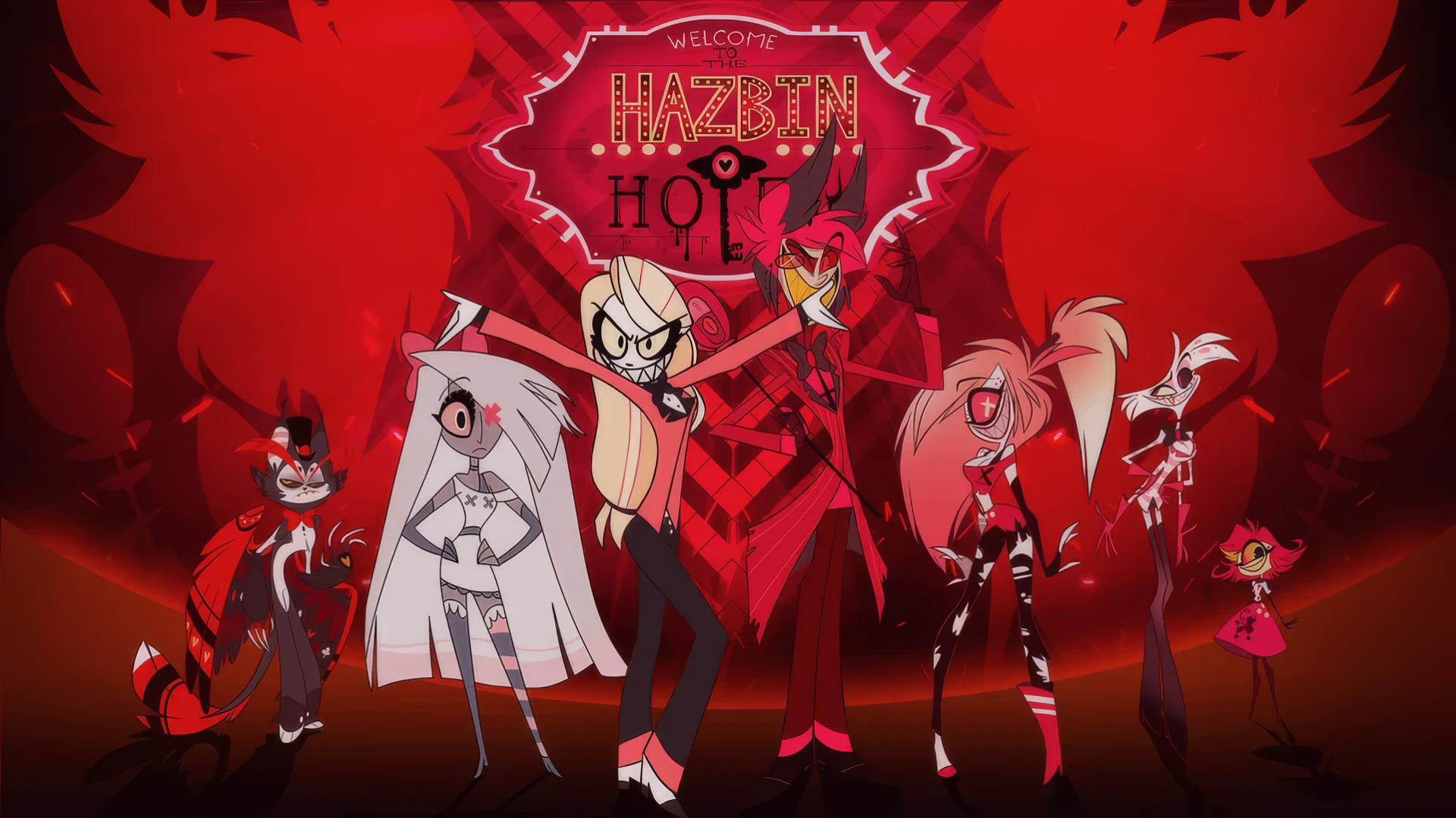 Hazbin Hotel characters in a stylish HD desktop wallpaper featuring colorful animated figures against a red, infernal background with the show's logo.