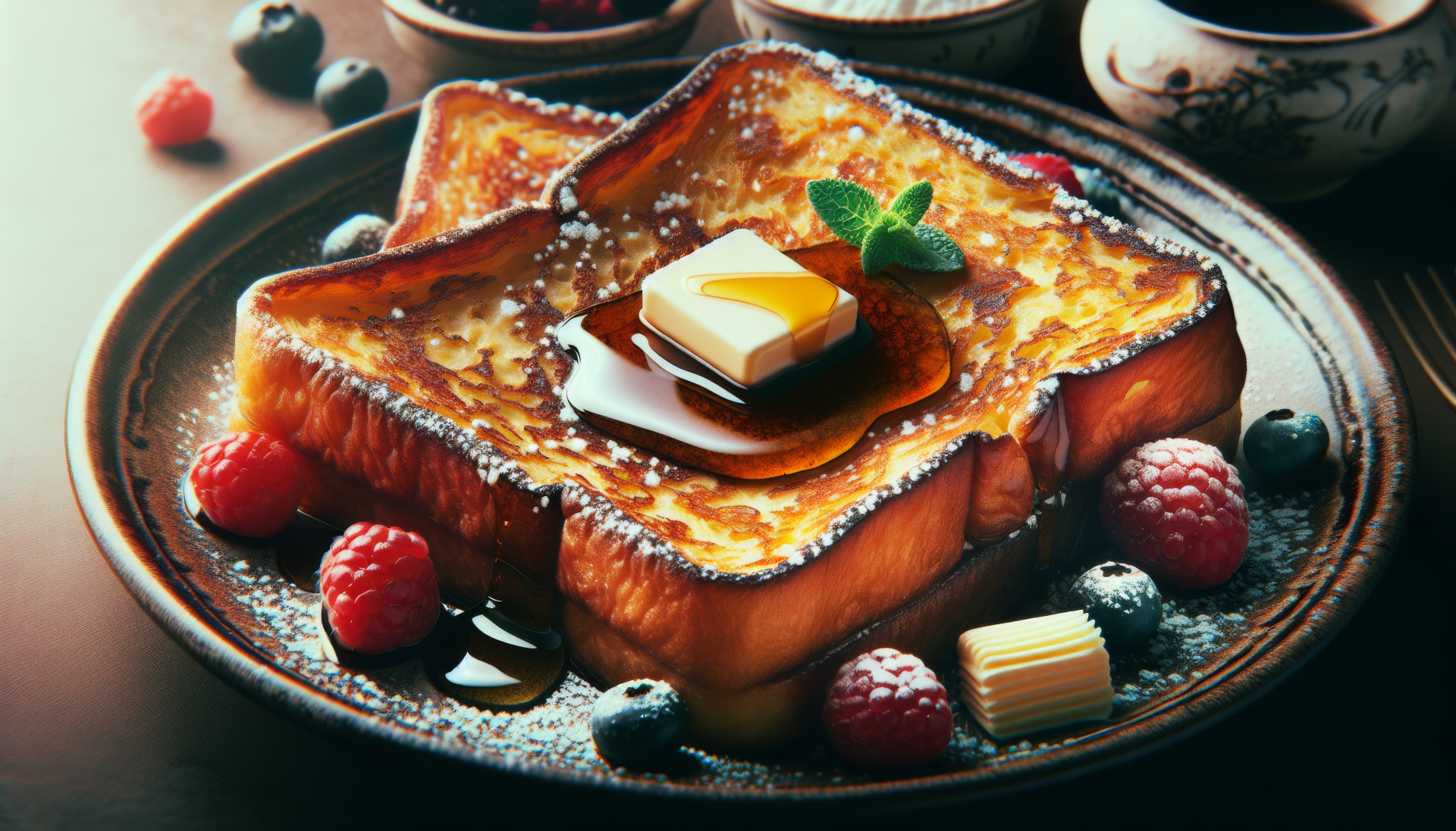 A beautifully plated French toast topped with butter and syrup, surrounded by fresh berries, set against a warm, inviting backdrop. A delicious HD desktop wallpaper.