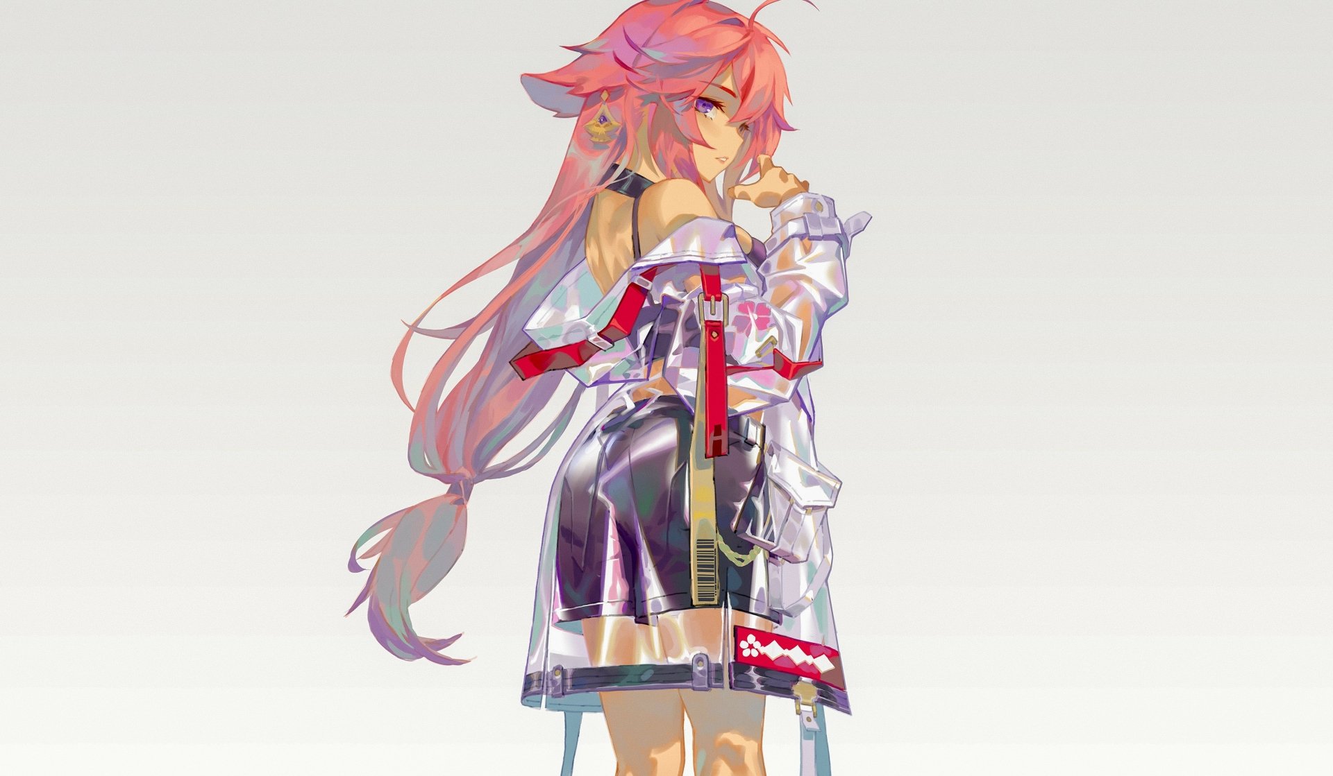 Genshin Impact 4K Ultra HD wallpaper featuring Yae Miko Guuji with flowing pink hair and detailed armor against a light background.