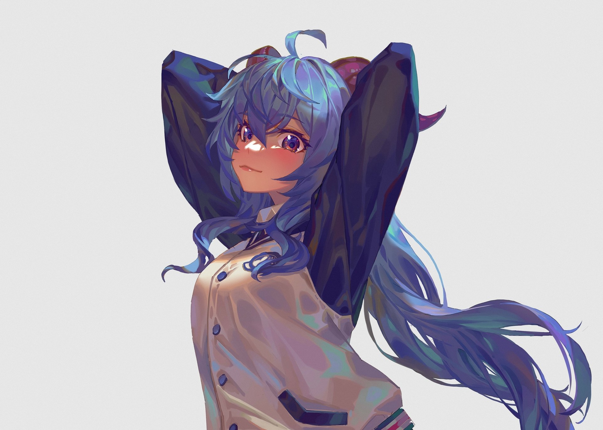 HD PC desktop wallpaper featuring Ganyu from Genshin Impact with flowing blue hair and a confident pose against a light background.