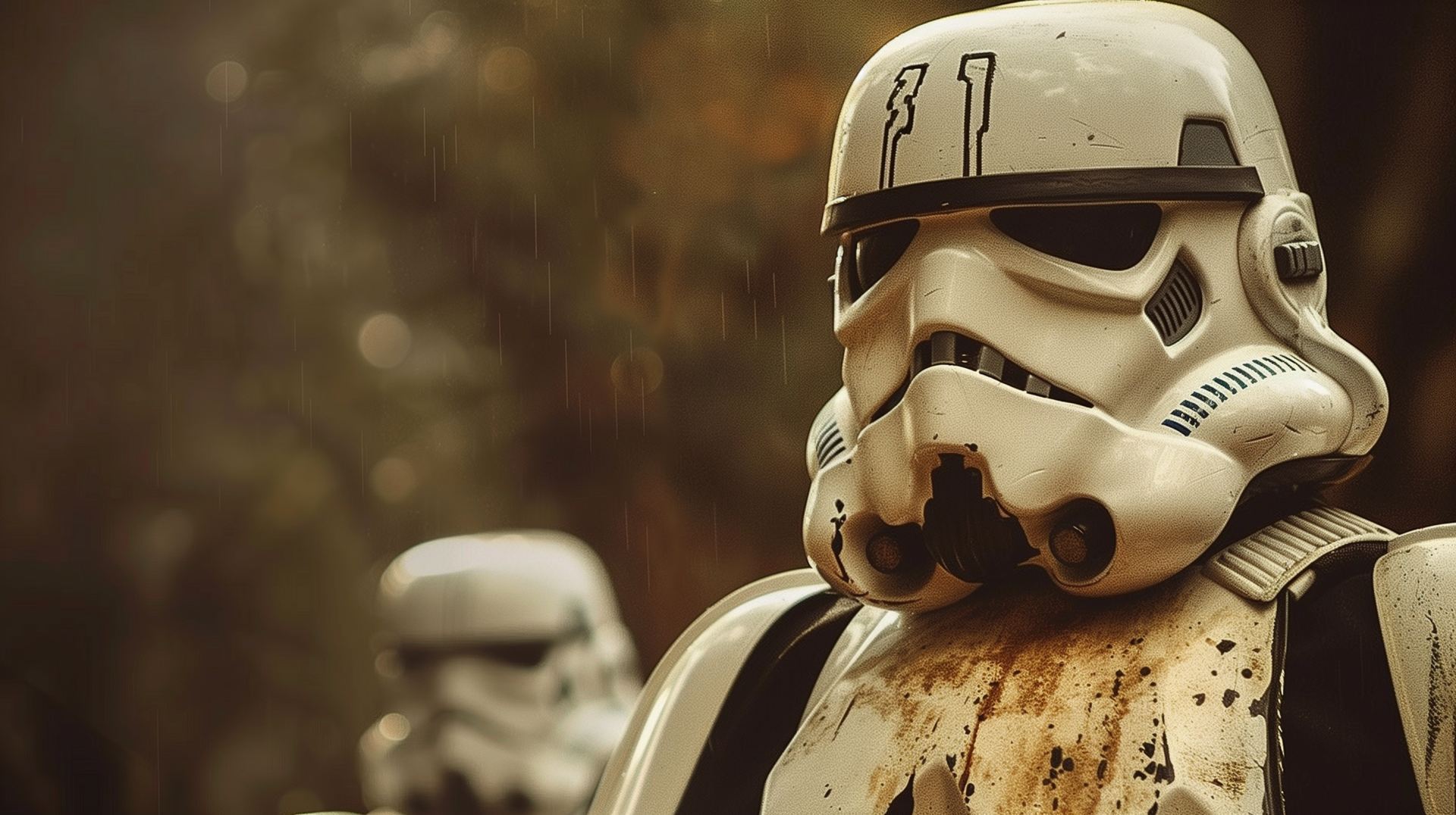 A close-up of a stormtrooper from Star Wars, showcasing intricate details and weathering, set against a blurred background. This HD wallpaper captures the essence of the iconic franchise.