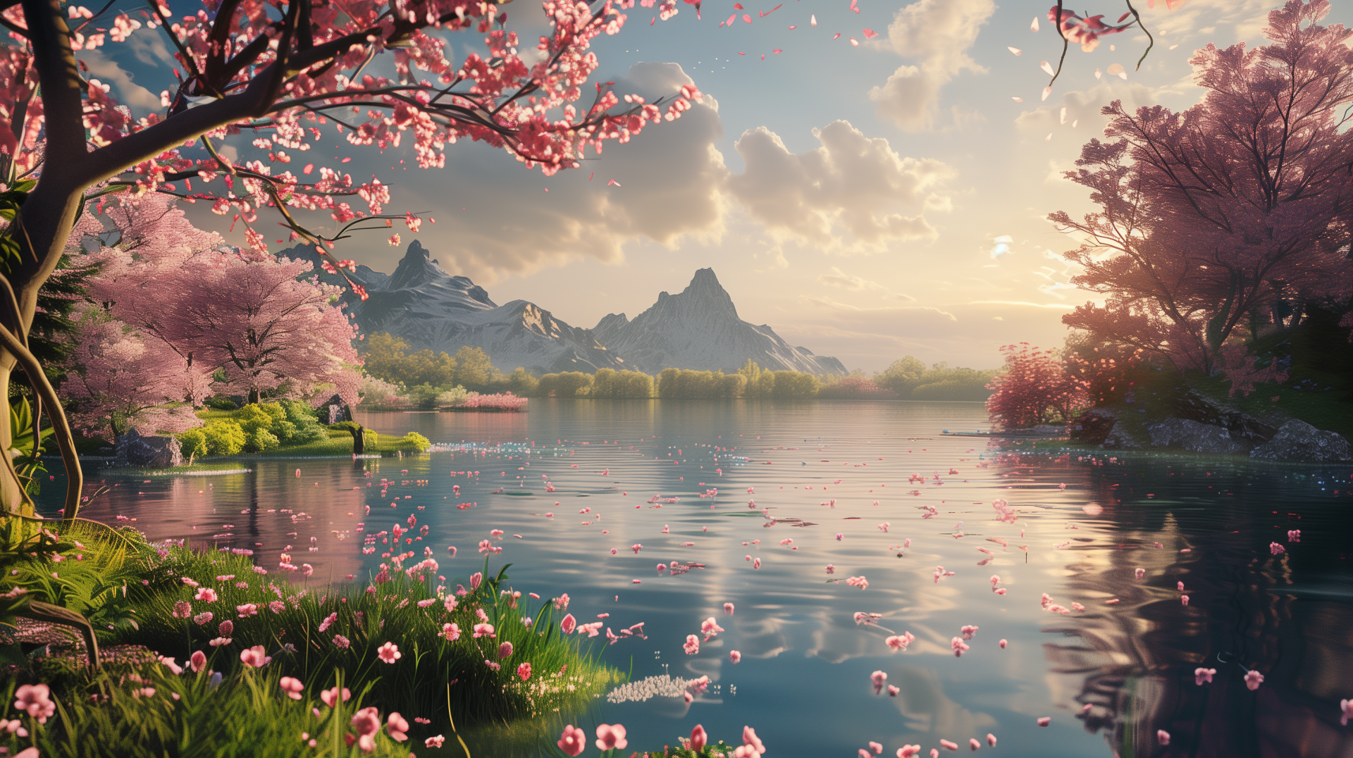 Spring-inspired HD desktop wallpaper featuring blooming cherry blossoms by a serene lake with mountains in the background.
