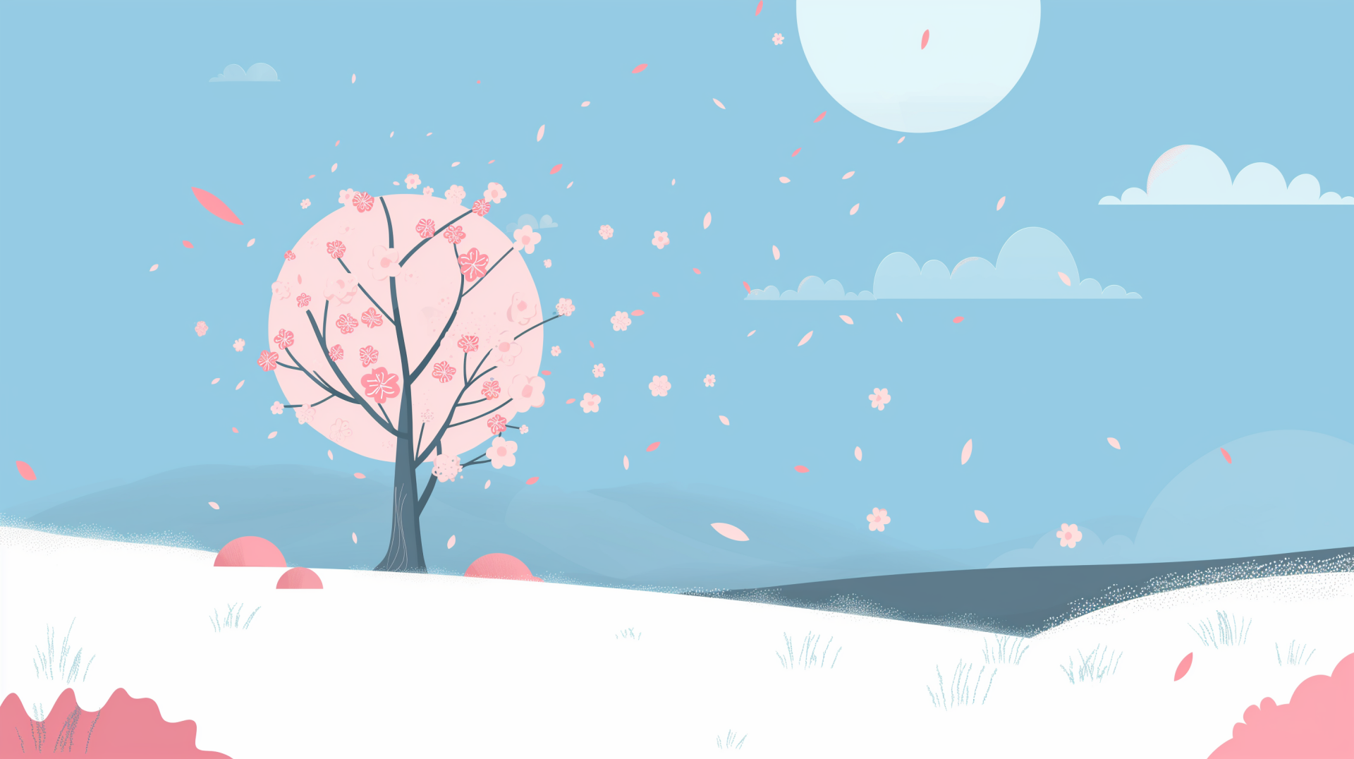 A serene HD desktop wallpaper featuring a cherry blossom tree in spring, petals floating gently in the breeze against a blue sky and soft clouds.