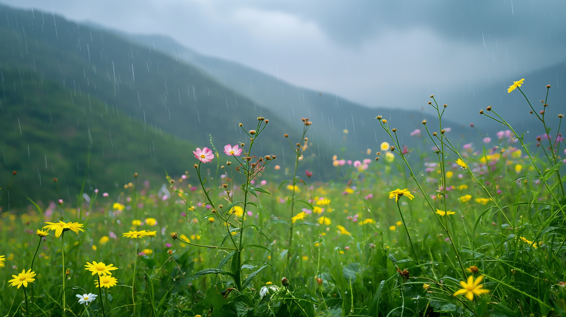 A vibrant spring landscape featuring a colorful array of wildflowers under a soft rain, set against misty mountains in the background—a serene HD desktop wallpaper.
