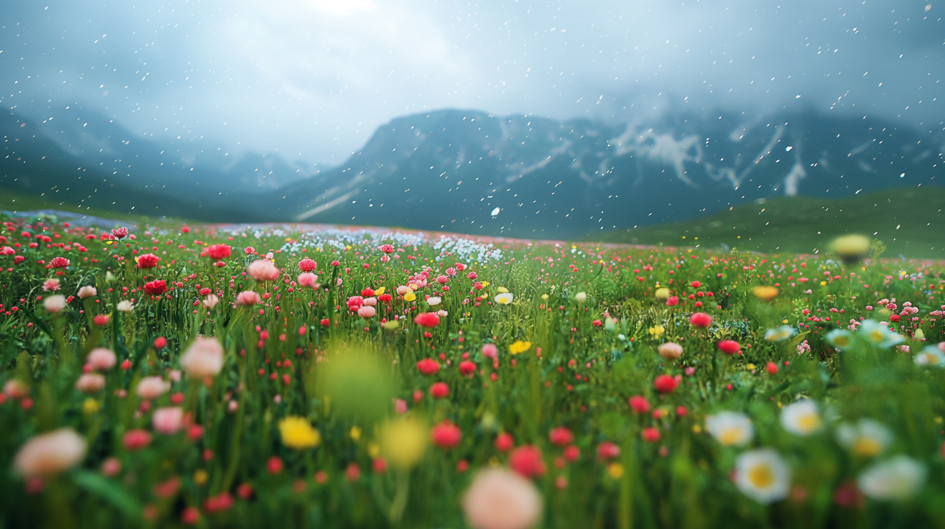 HD desktop wallpaper featuring a vibrant meadow with colorful wildflowers against a misty mountain backdrop.