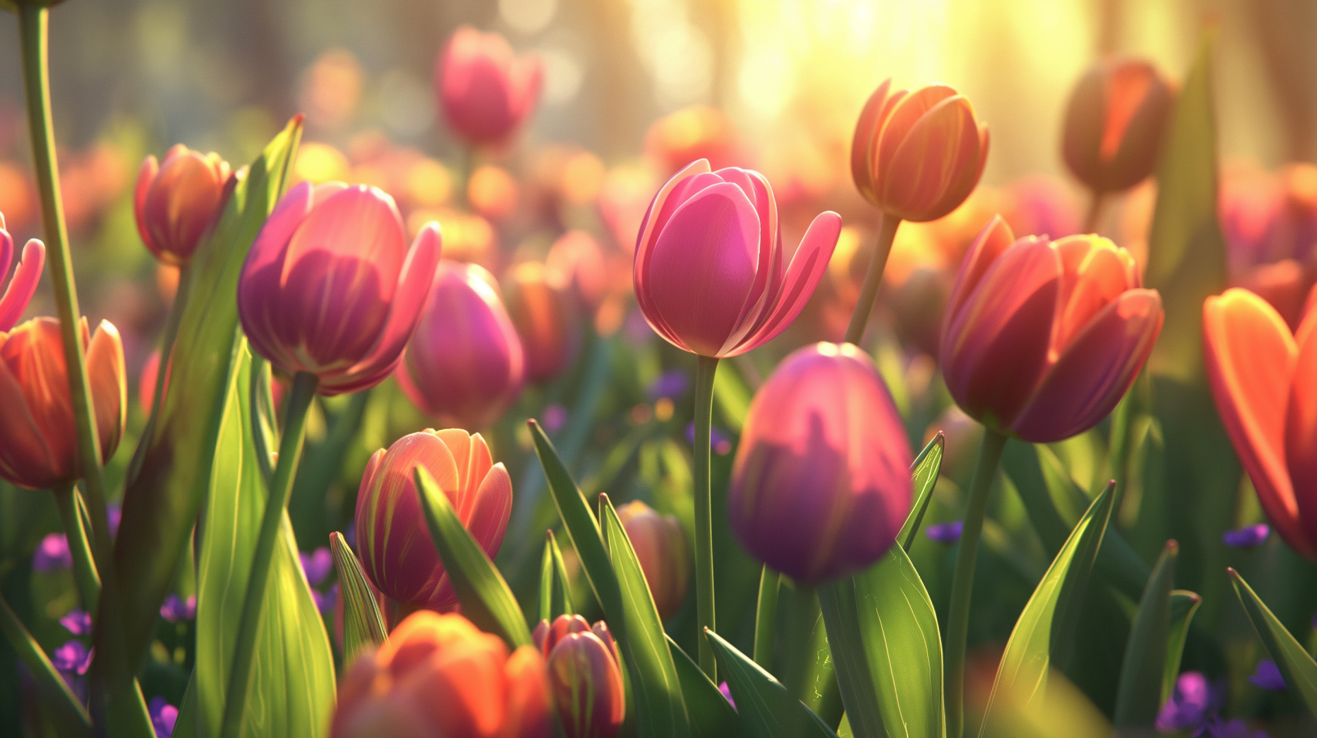 A vibrant field of tulips blooms in shades of pink and orange, basking in warm spring sunlight, creating a stunning HD desktop wallpaper and background.