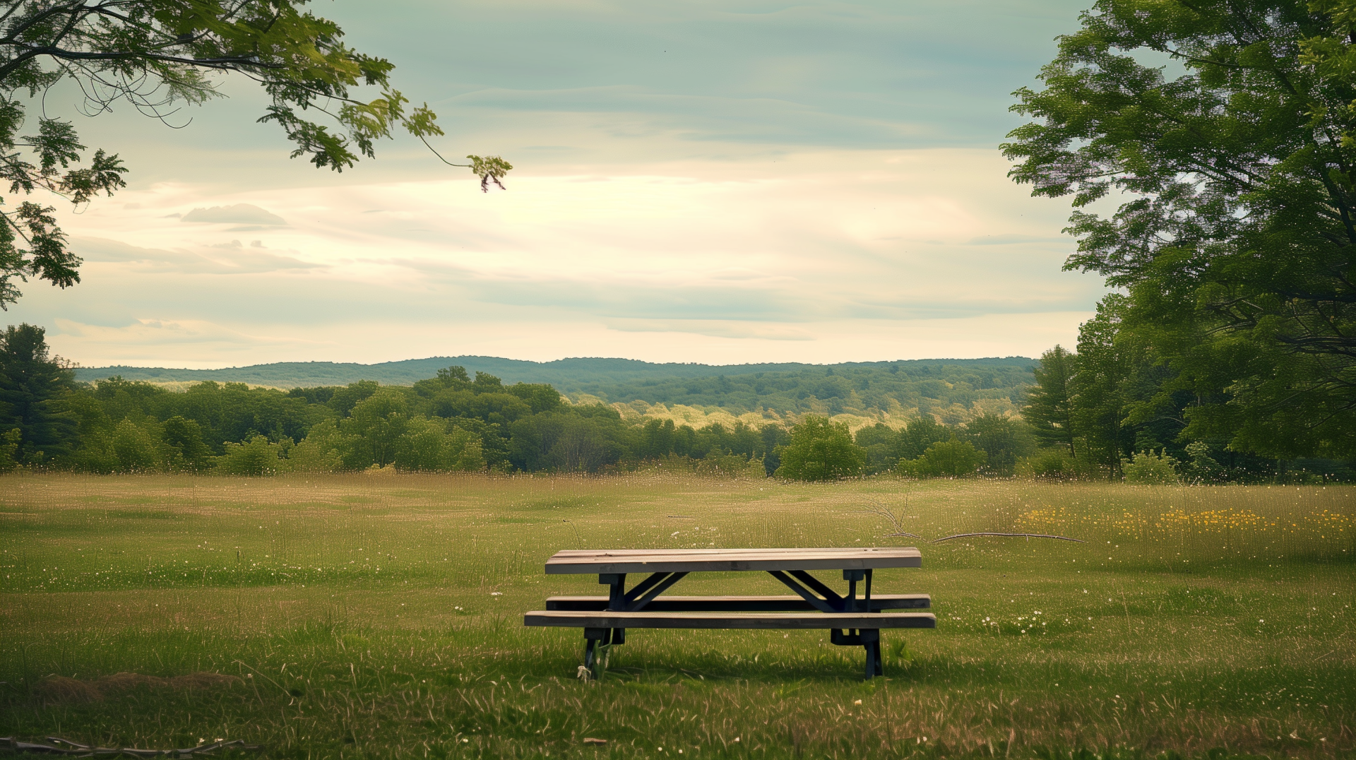 HD desktop wallpaper featuring a serene picnic table in a lush field with a backdrop of distant hills under a cloudy sky.