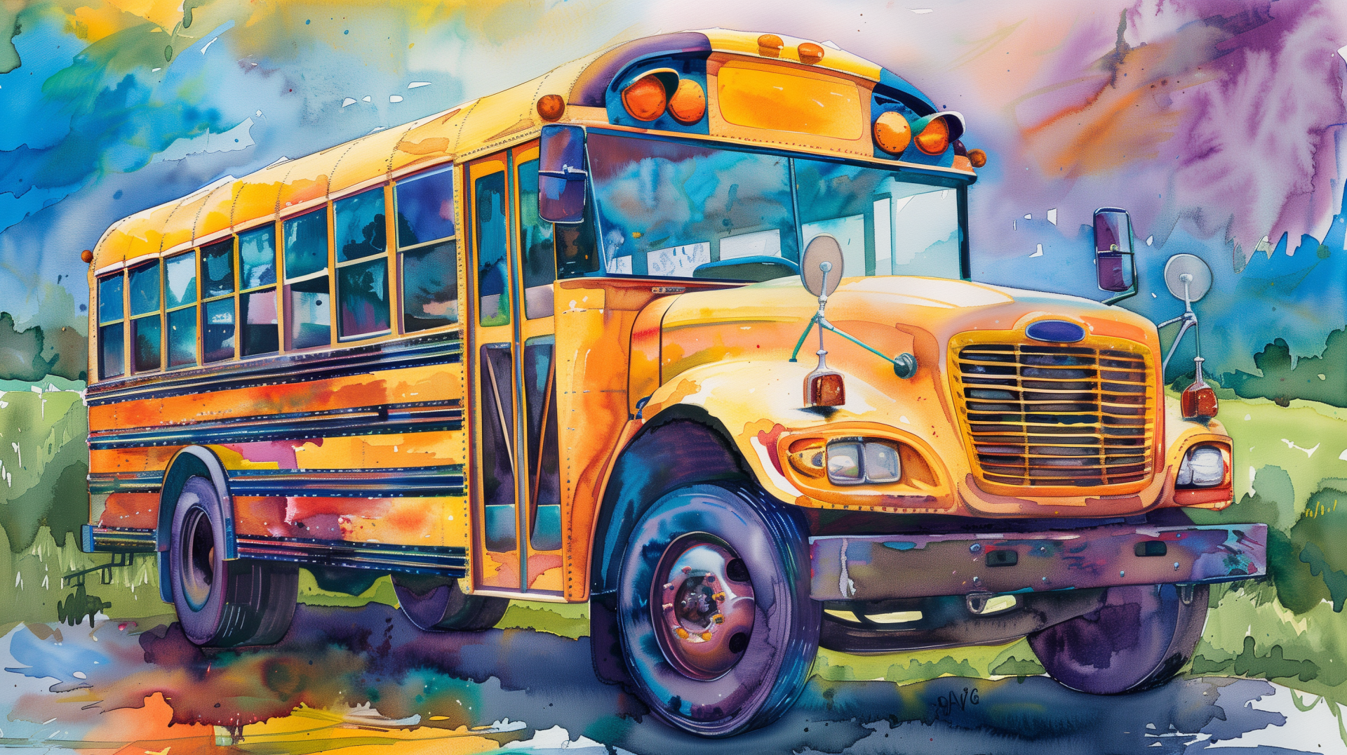 Colorful HD wallpaper of a classic yellow school bus with artistic background for desktop.