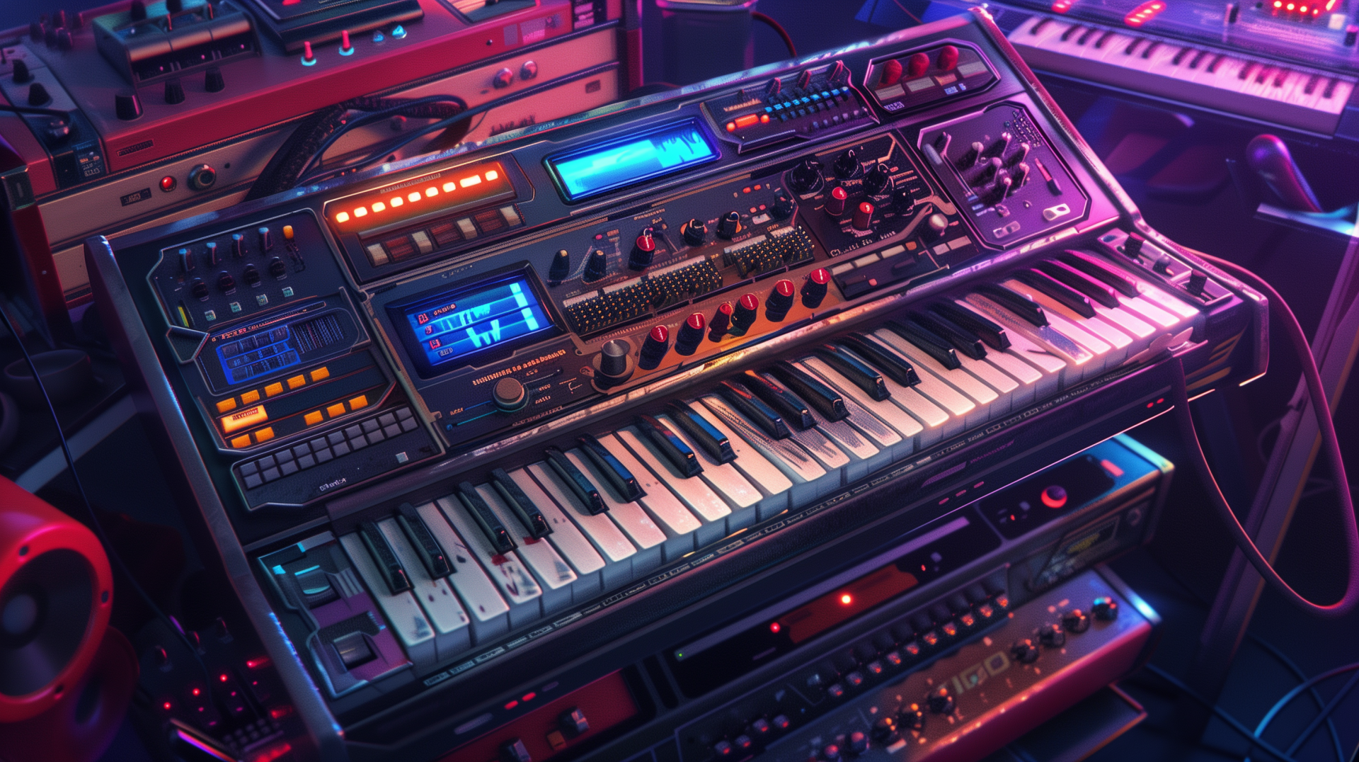 HD wallpaper featuring a collection of retro synthesizers and electronic keyboards with neon lighting.